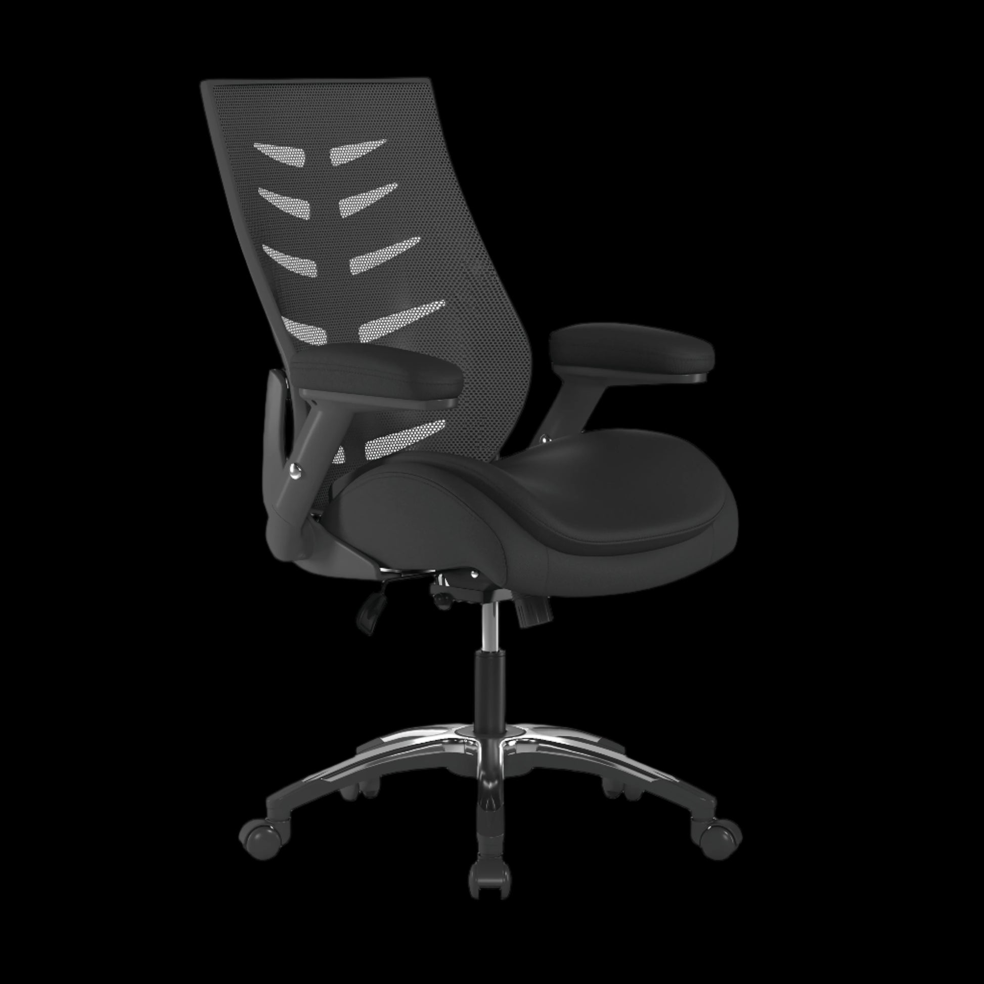 Black office chair with mesh back on a black background