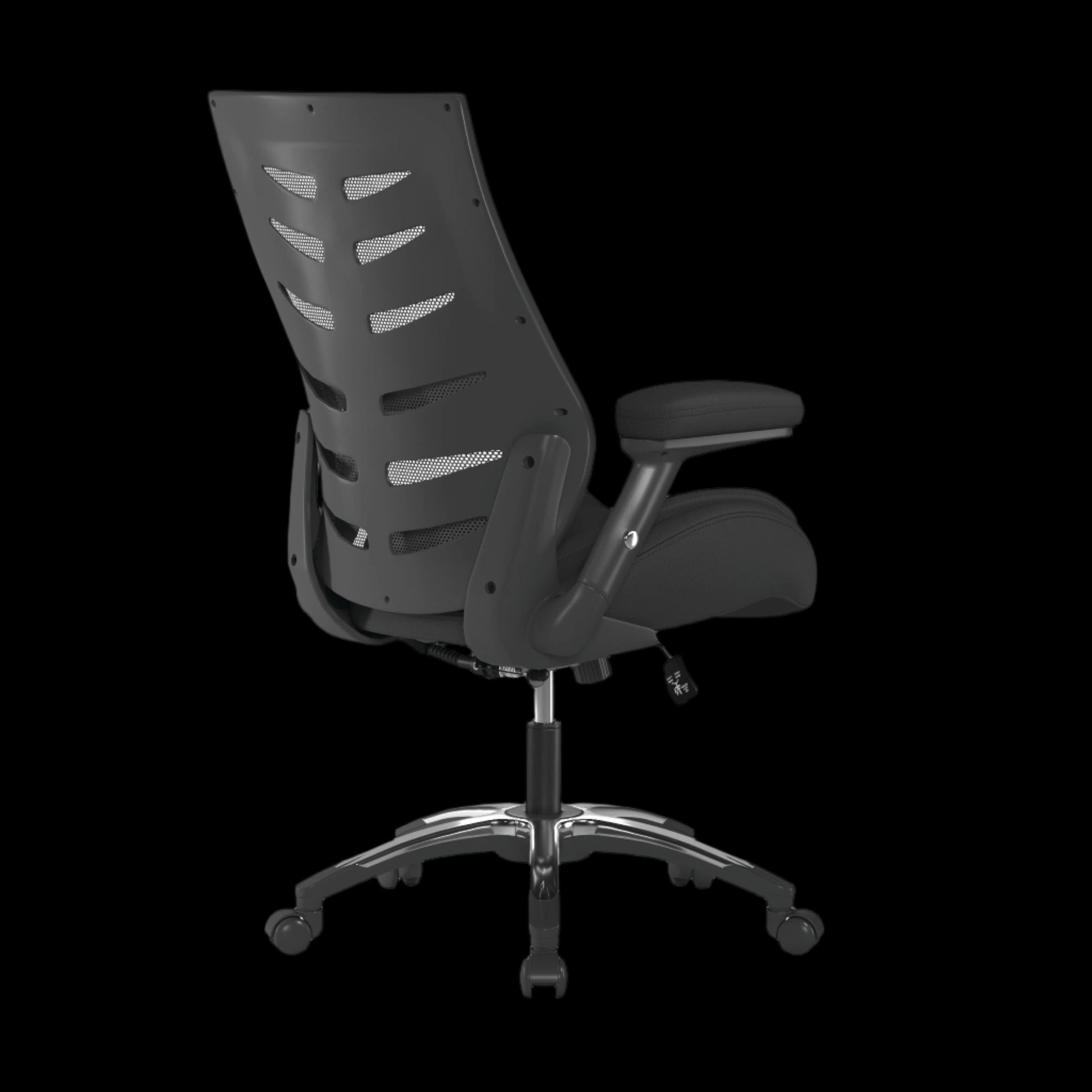 Black office chair with adjustable armrest on a black background