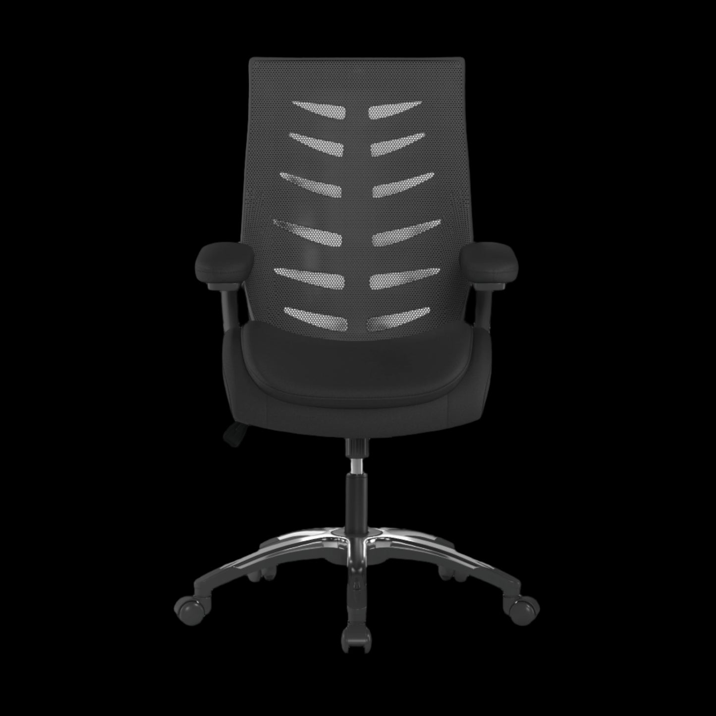 Black office chair with mesh back on a black background