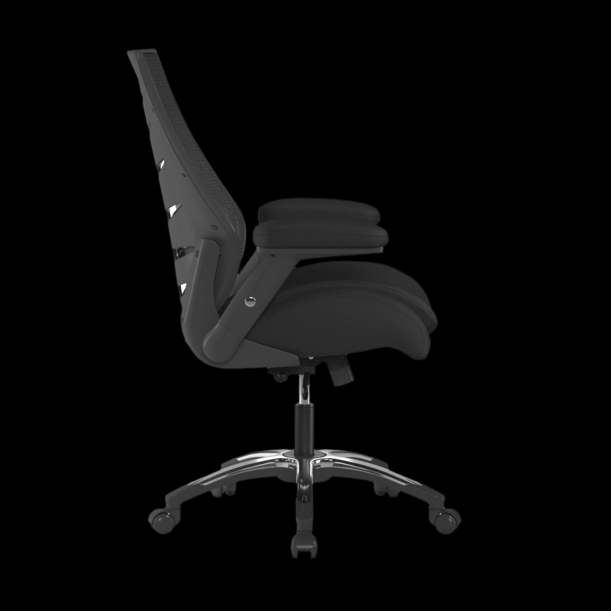 Black office chair with adjustable features on a black background