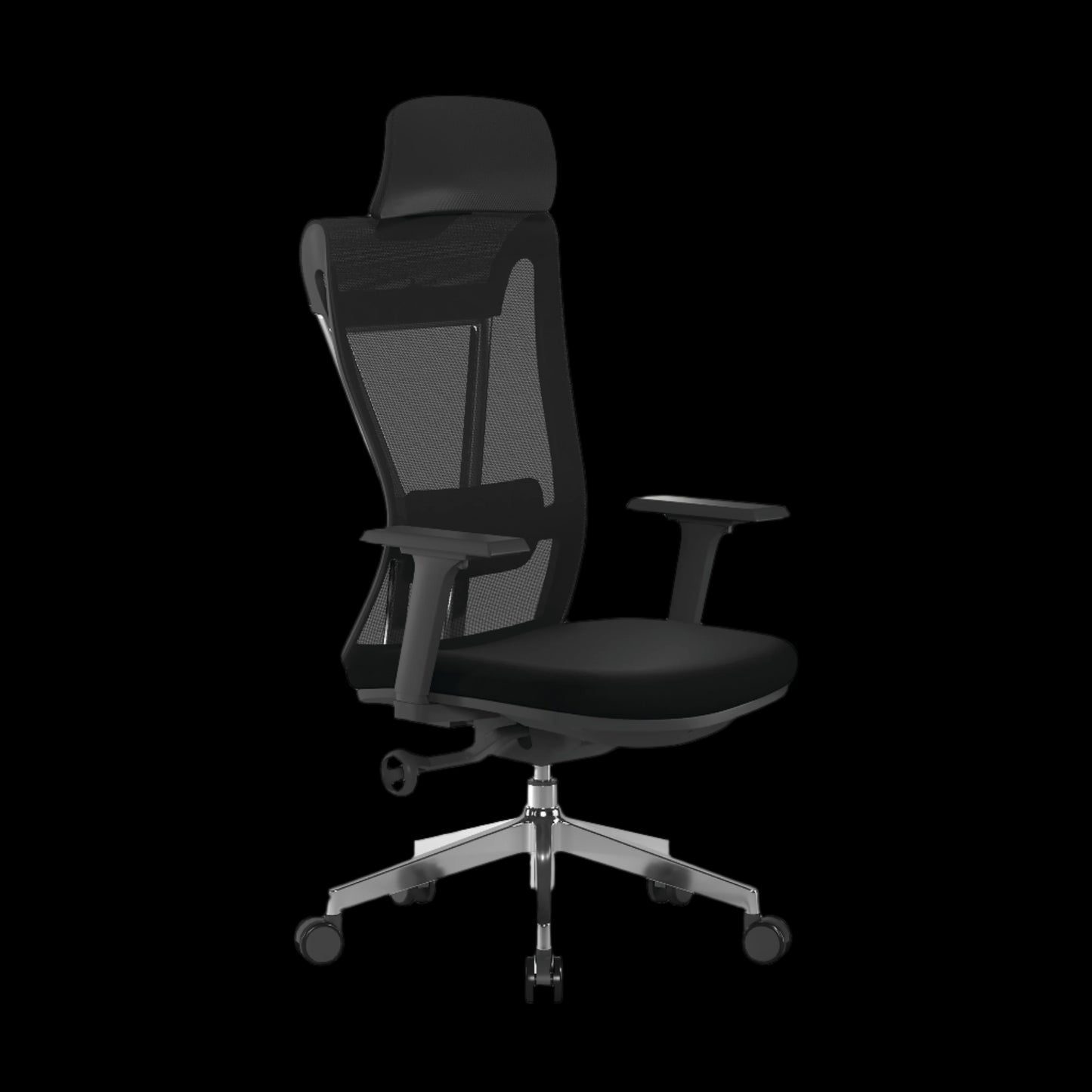 Black office chair with mesh backrest on a black background