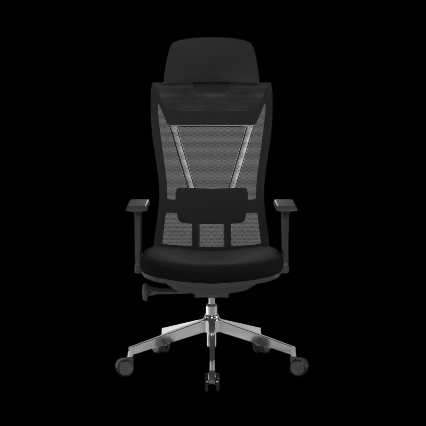 Black office chair with mesh backrest on a black background