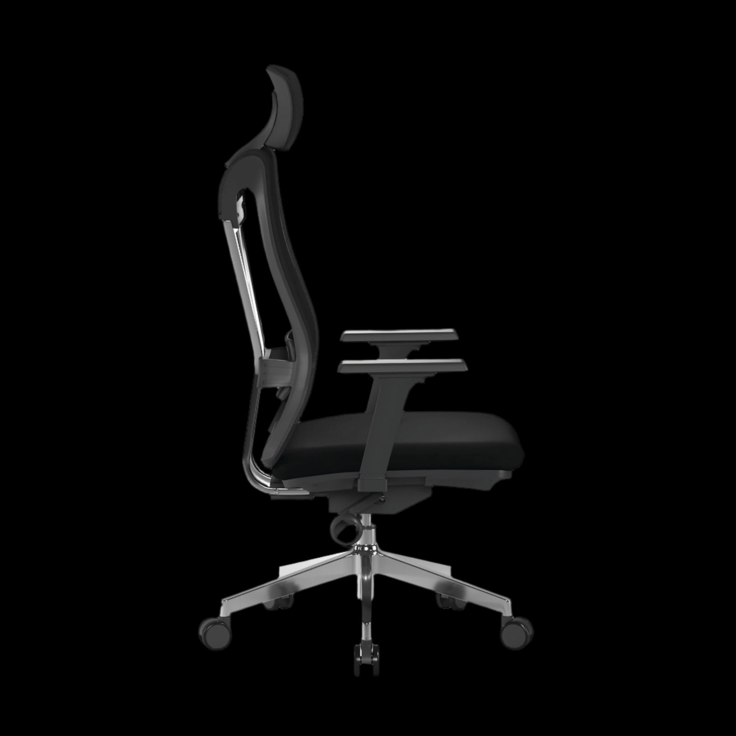 Black office chair with adjustable features on a black background