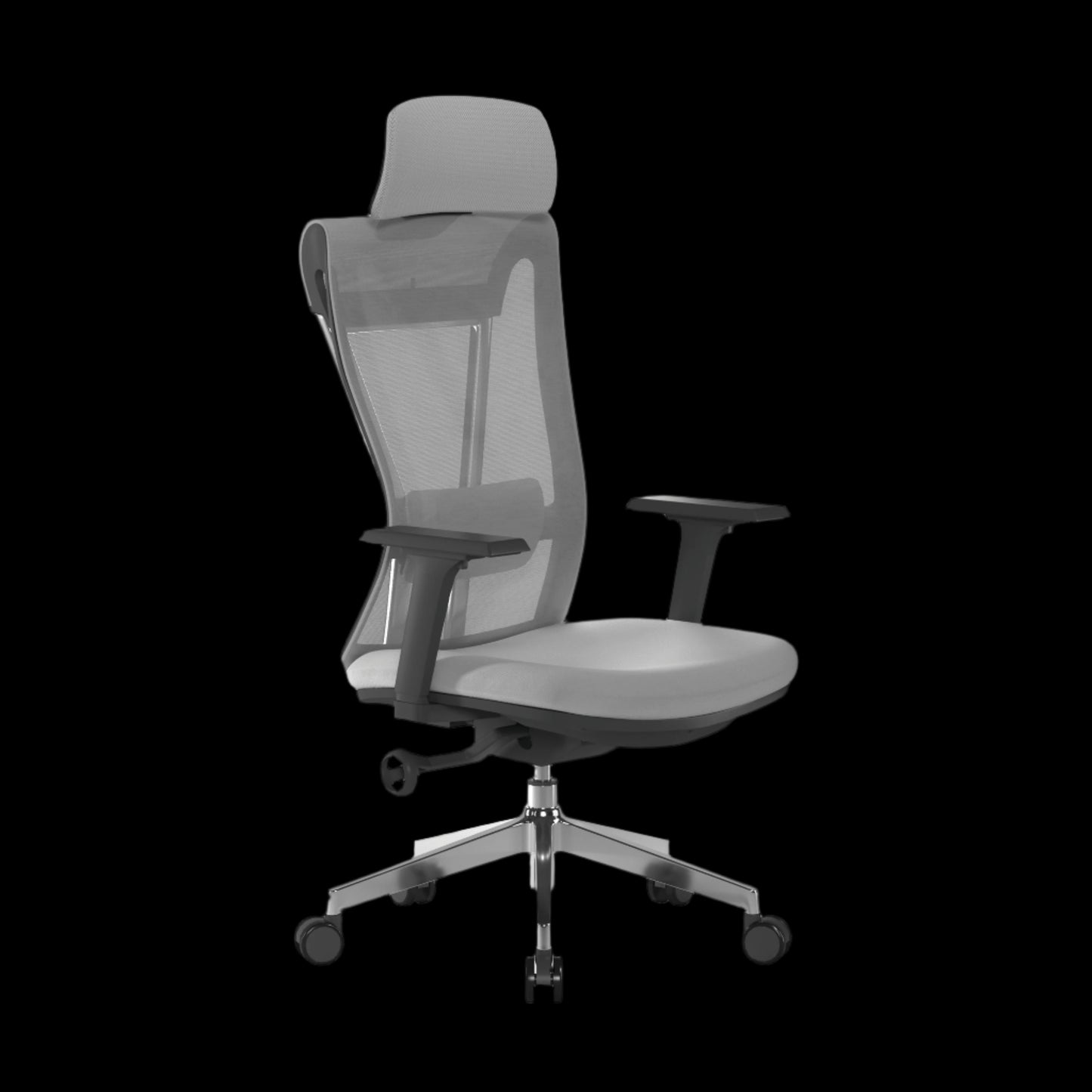 Gray office chair with mesh back and armrests on a black background