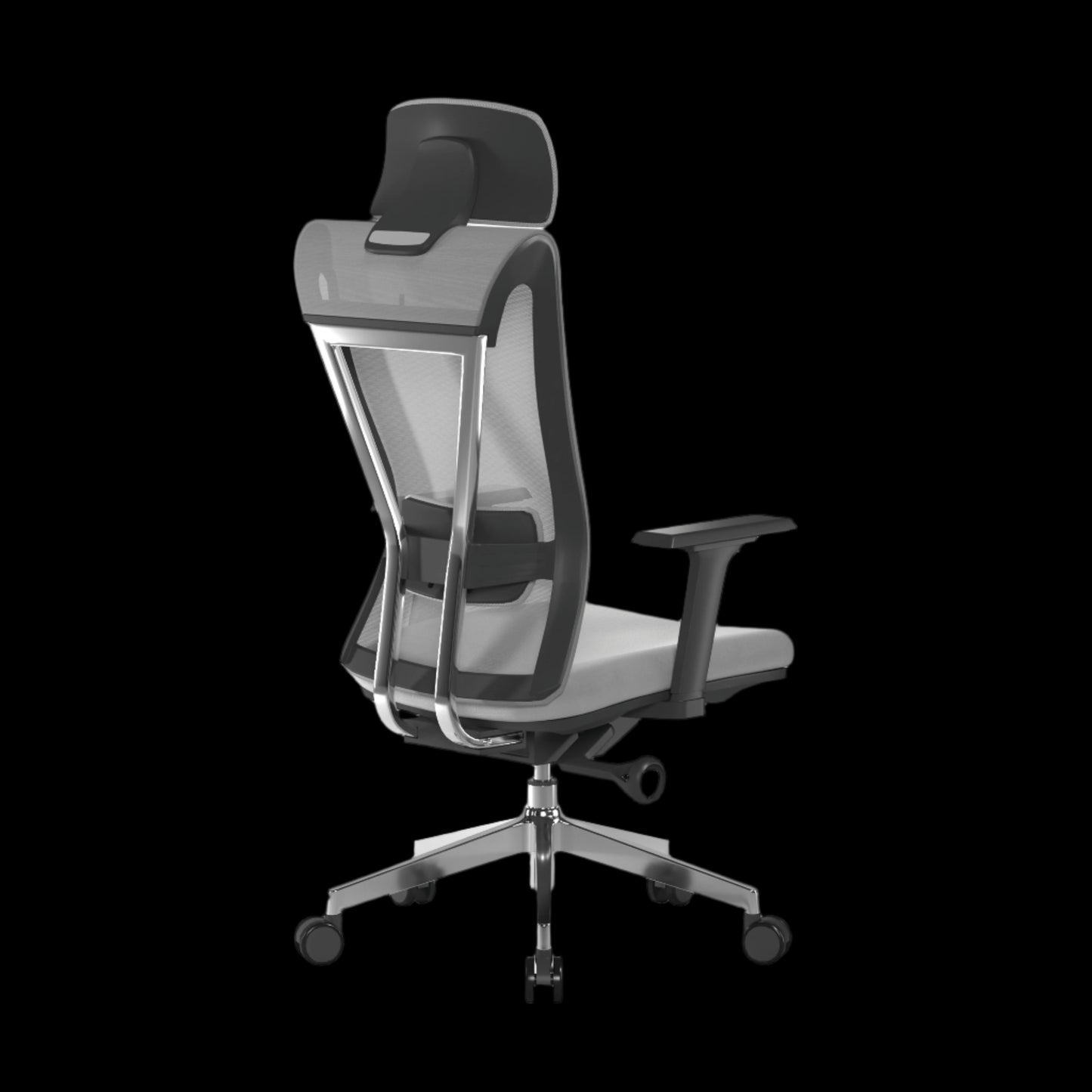 Modern office chair with gray mesh back and black accents on a black