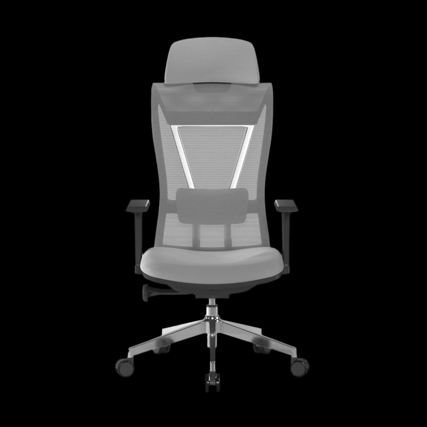 Gray office chair with headrest on a black background