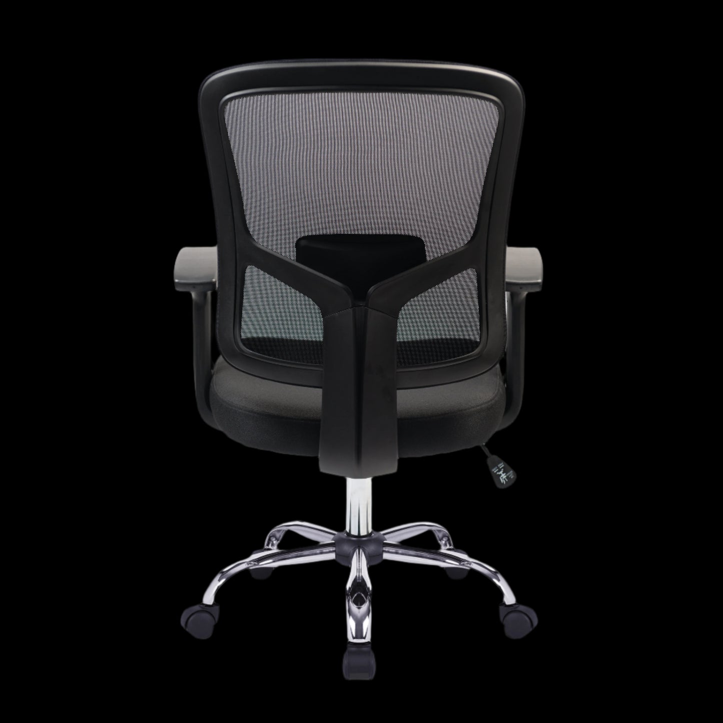 Black office chair with mesh back on a black background