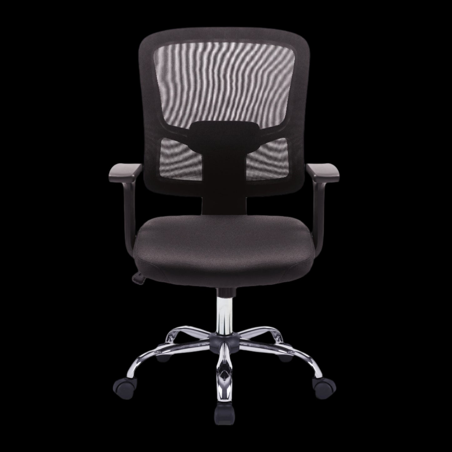Black office chair with mesh back on a black background