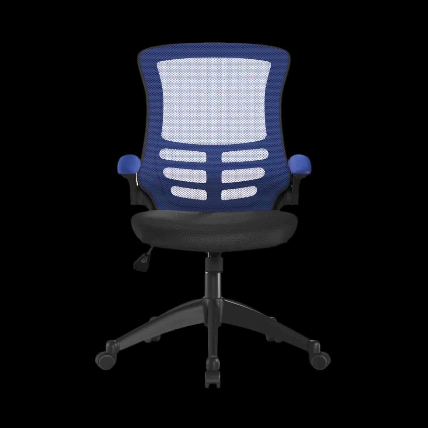 Blue office chair with black base on a black background