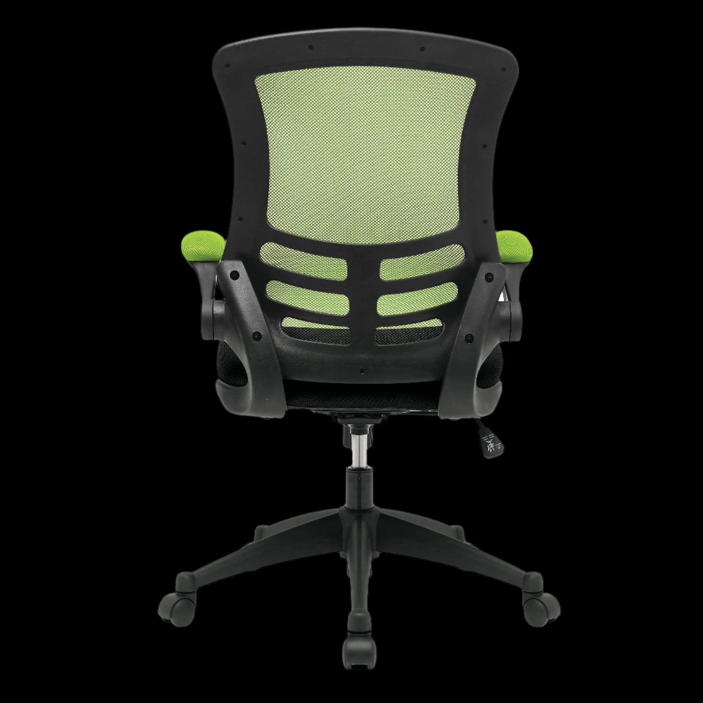 Black office chair with green mesh backrest and armrests on a black background
