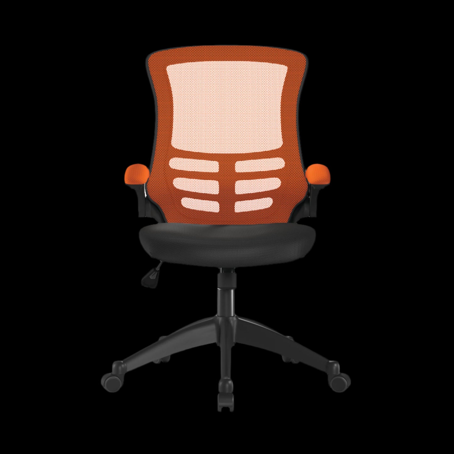 Chair with orange mesh back and black base on a black background