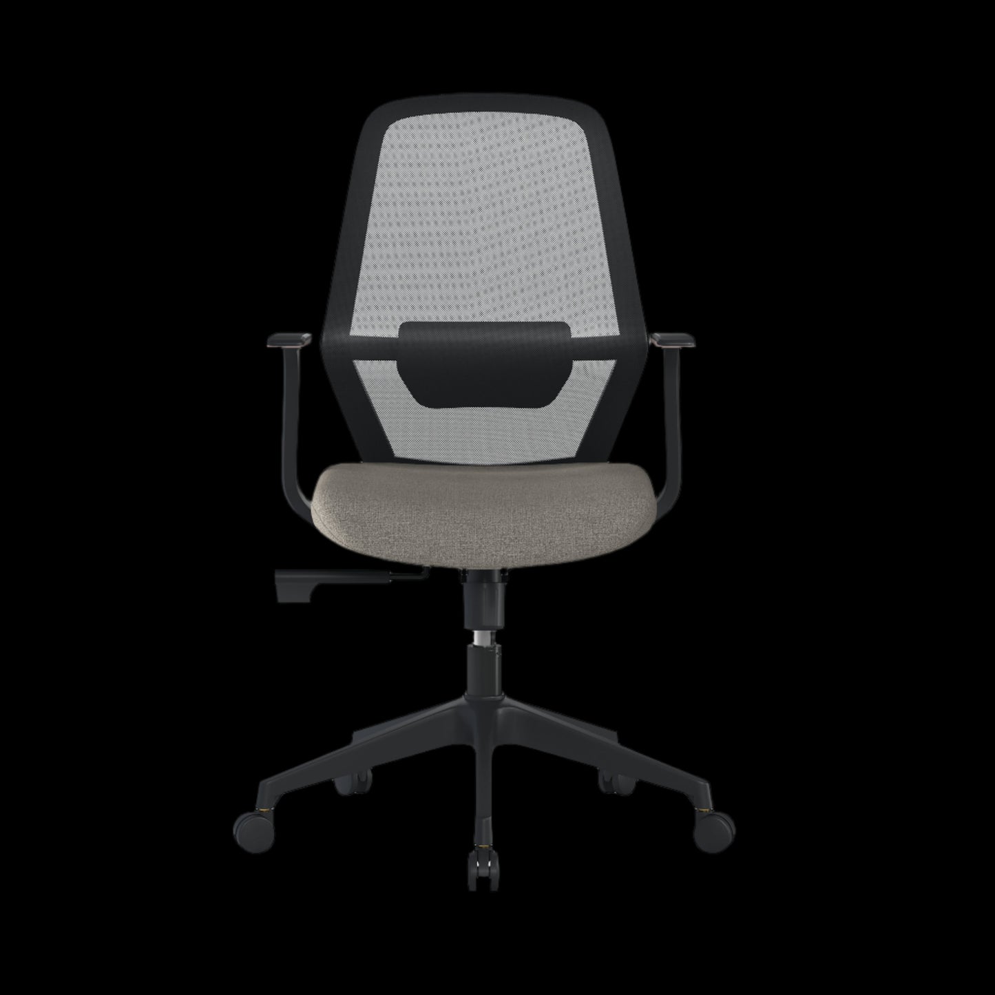 Office chair with gray mesh backrest and green seat on a black background