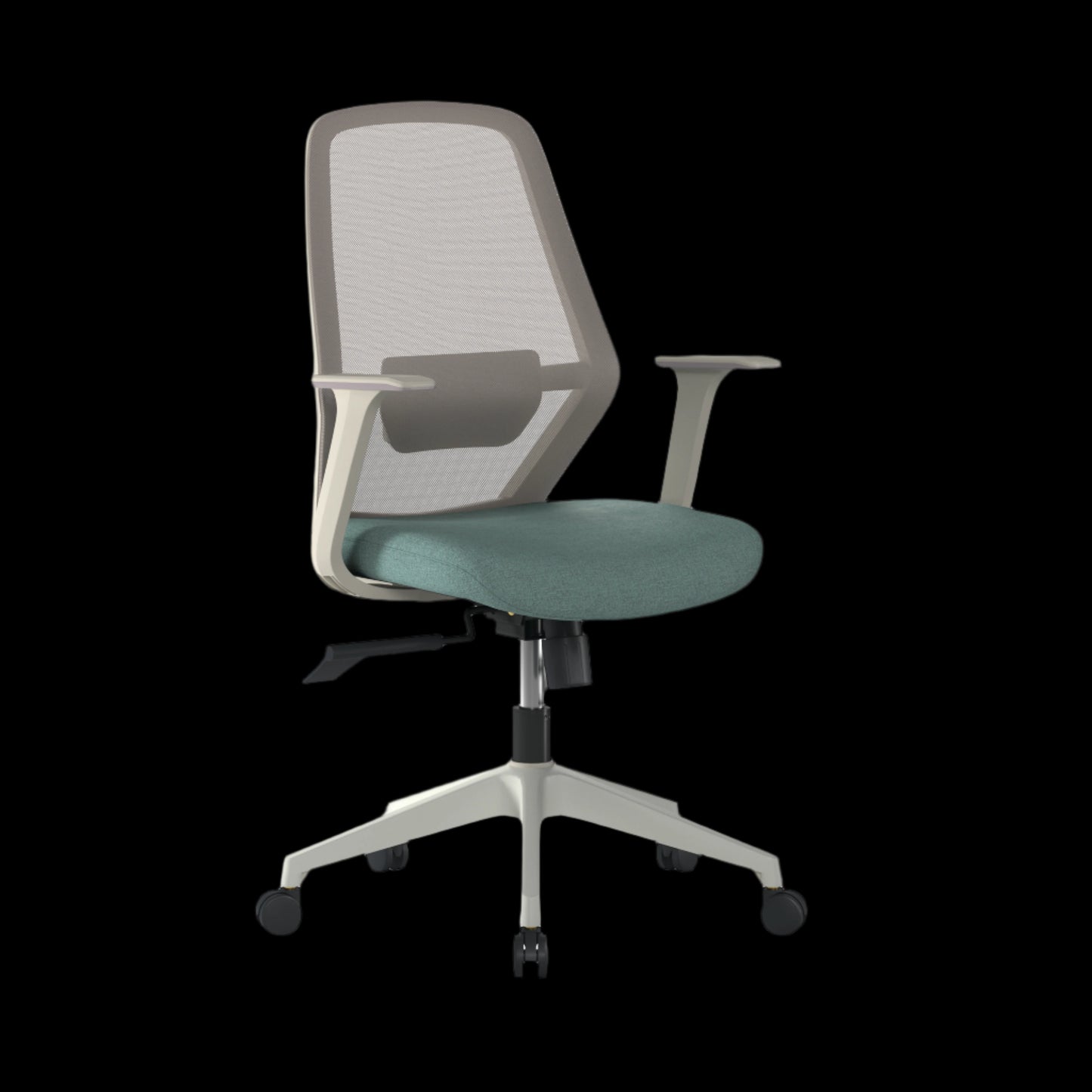 Green office chair with mesh backrest on a black background