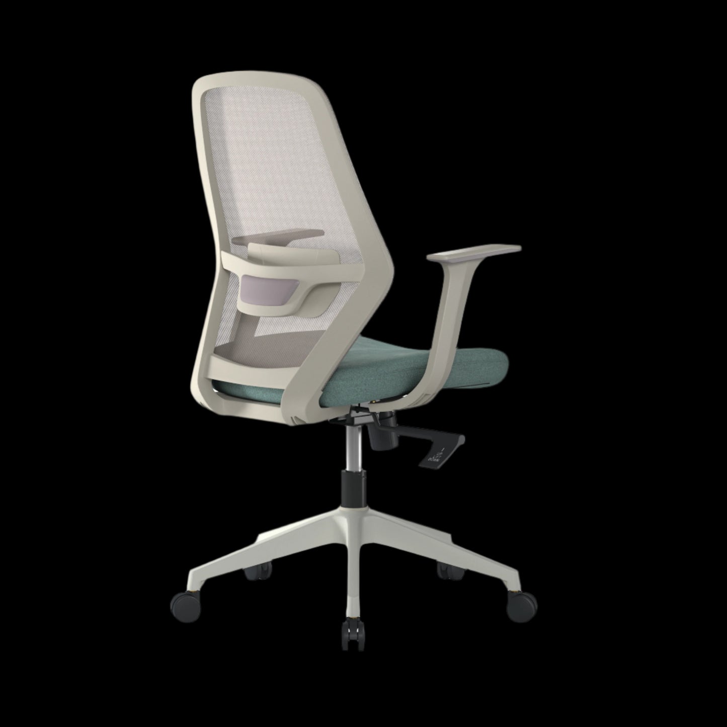 Green office chair with mesh backrest on a black background