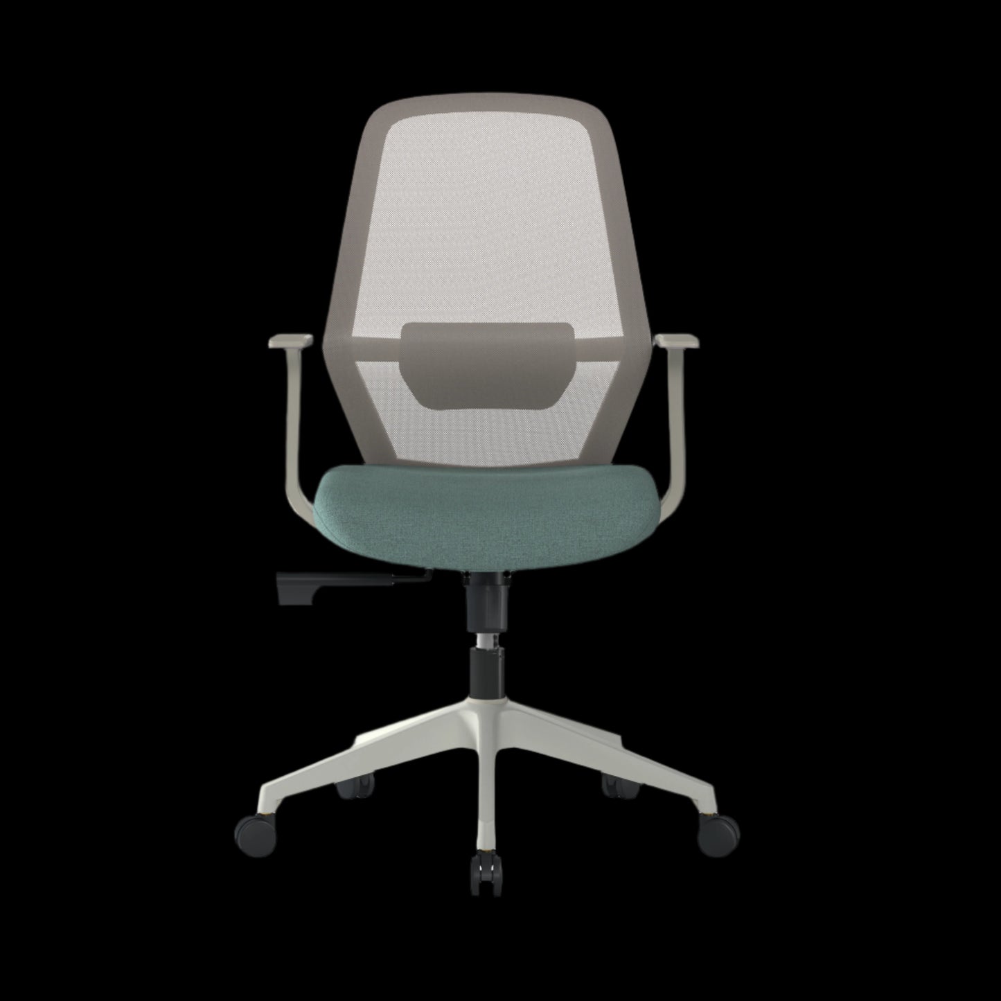 Green office chair with mesh back on a black background