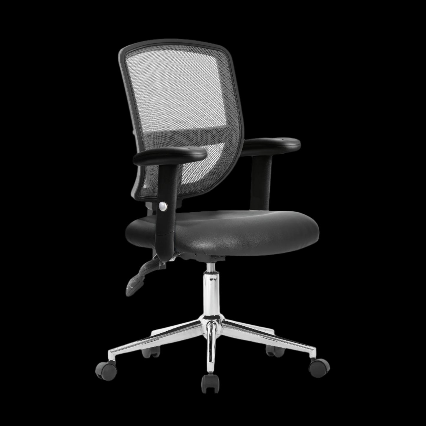 Black office chair with mesh backrest on a black background