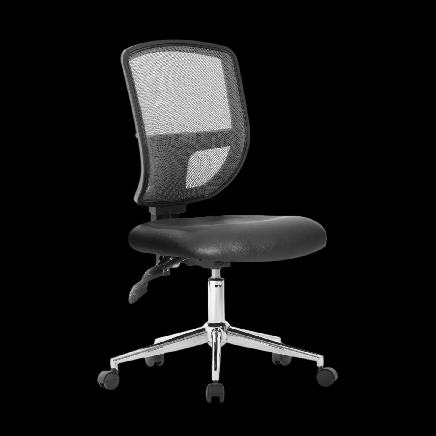 Black office chair with mesh backrest on a black background
