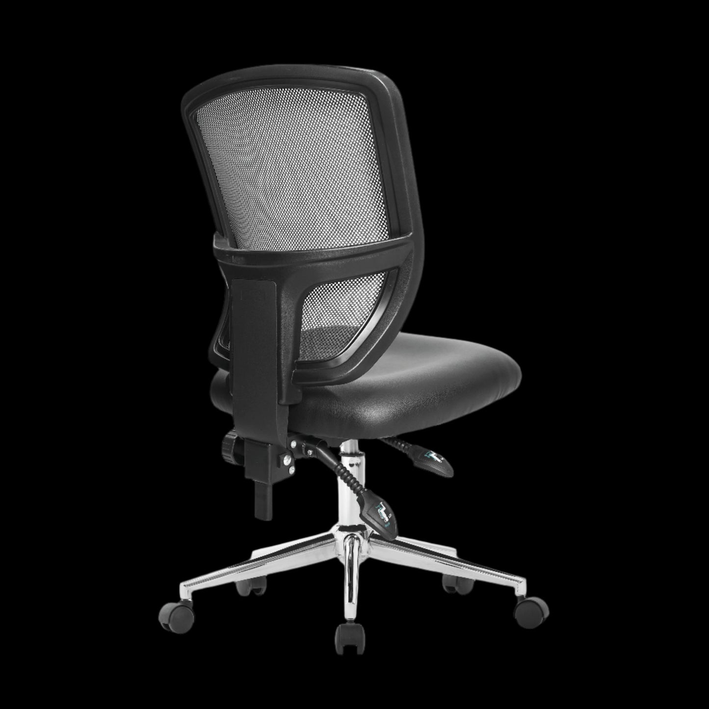 Black office chair with mesh backrest on a black background