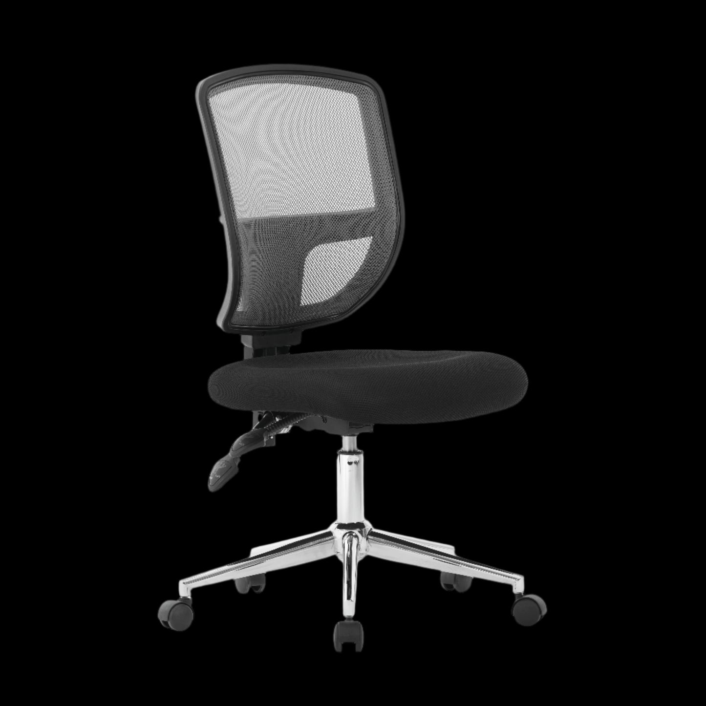 Black office chair with mesh backrest on a black background
