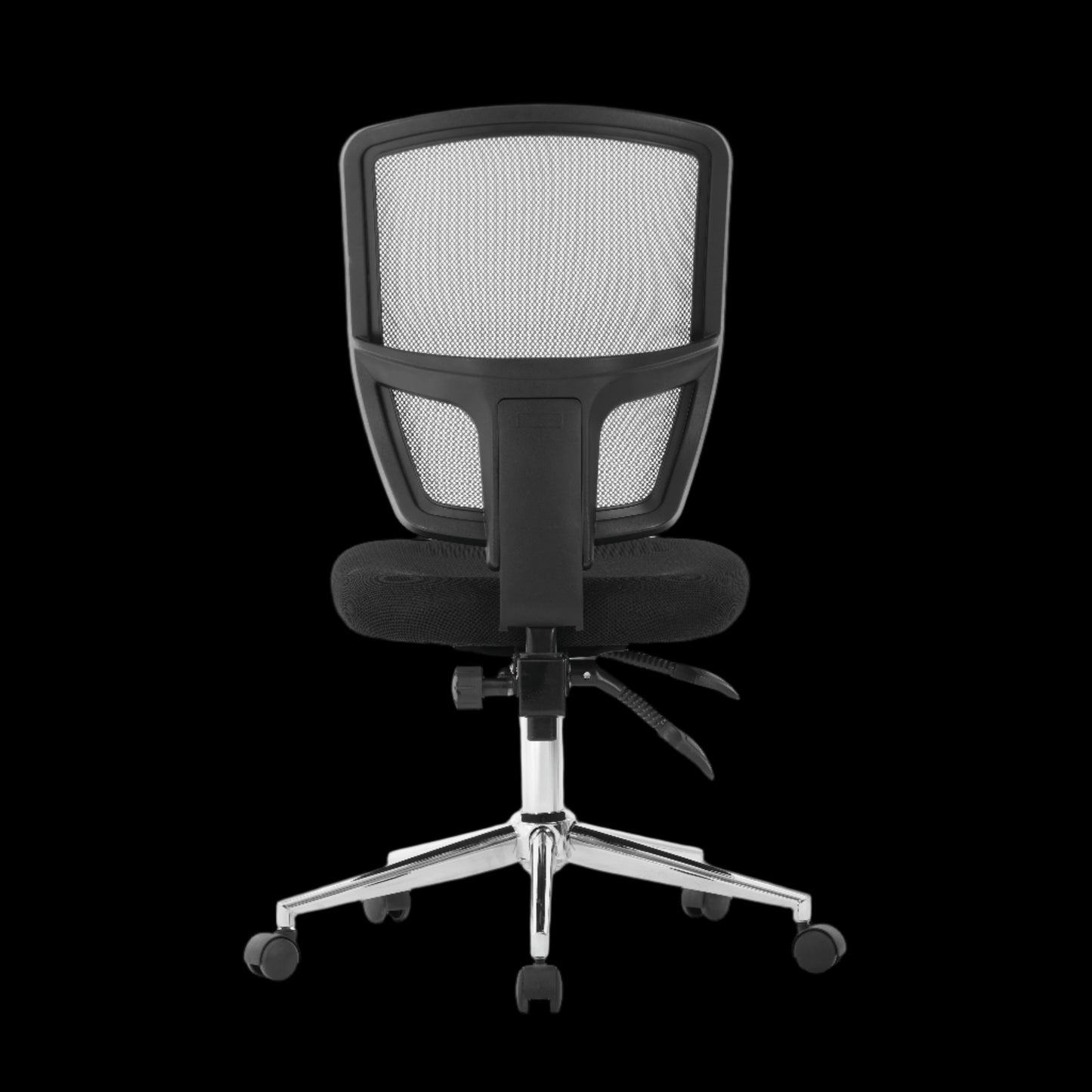 Black office chair with mesh backrest on a black background