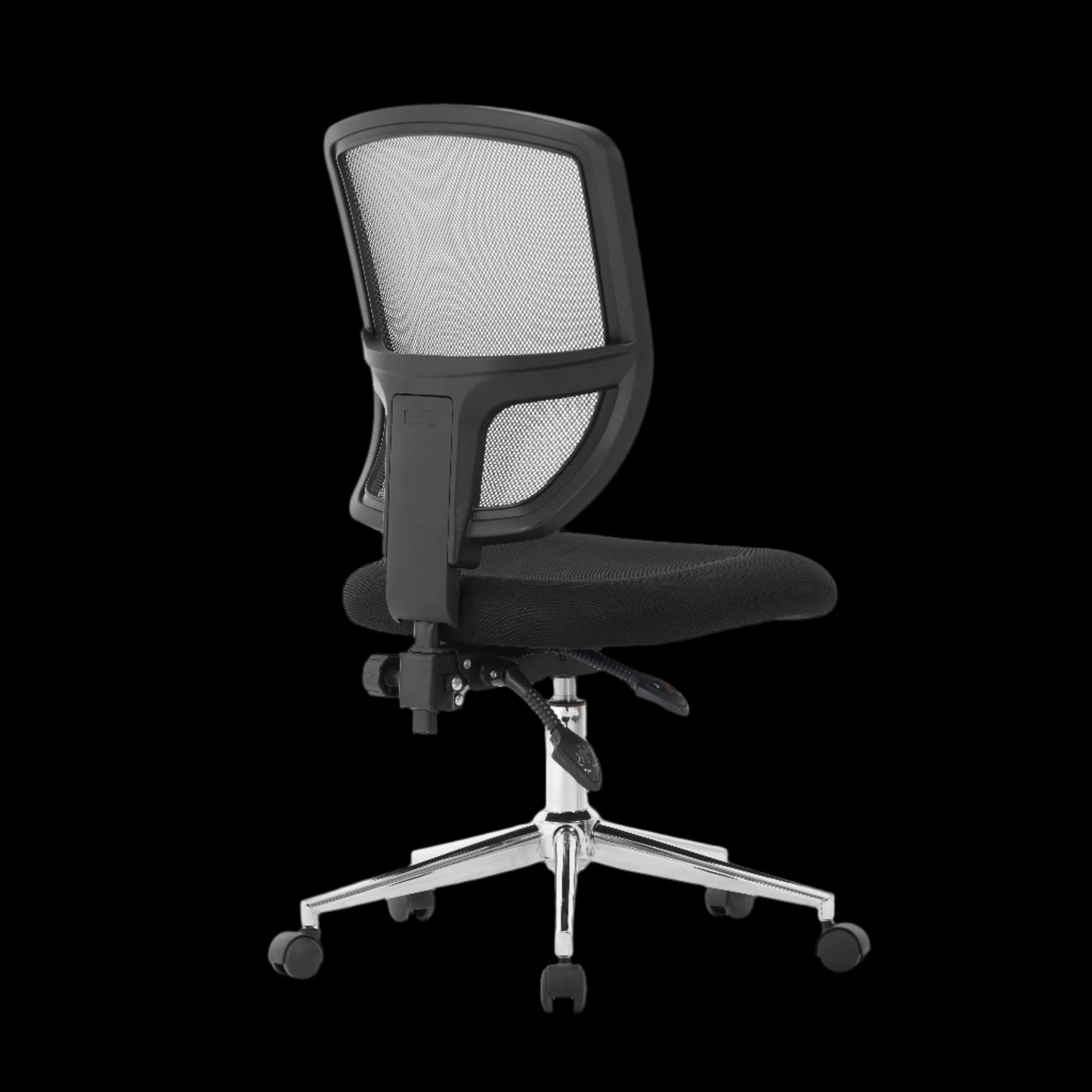 Black office chair with mesh backrest on a black background