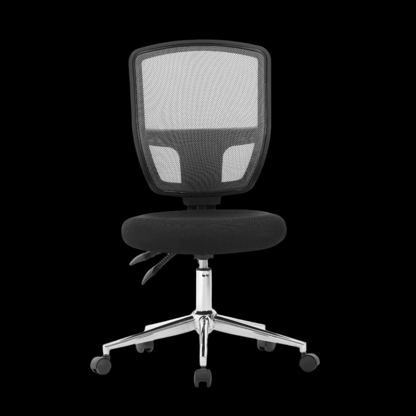 Black office chair with mesh backrest on a black background
