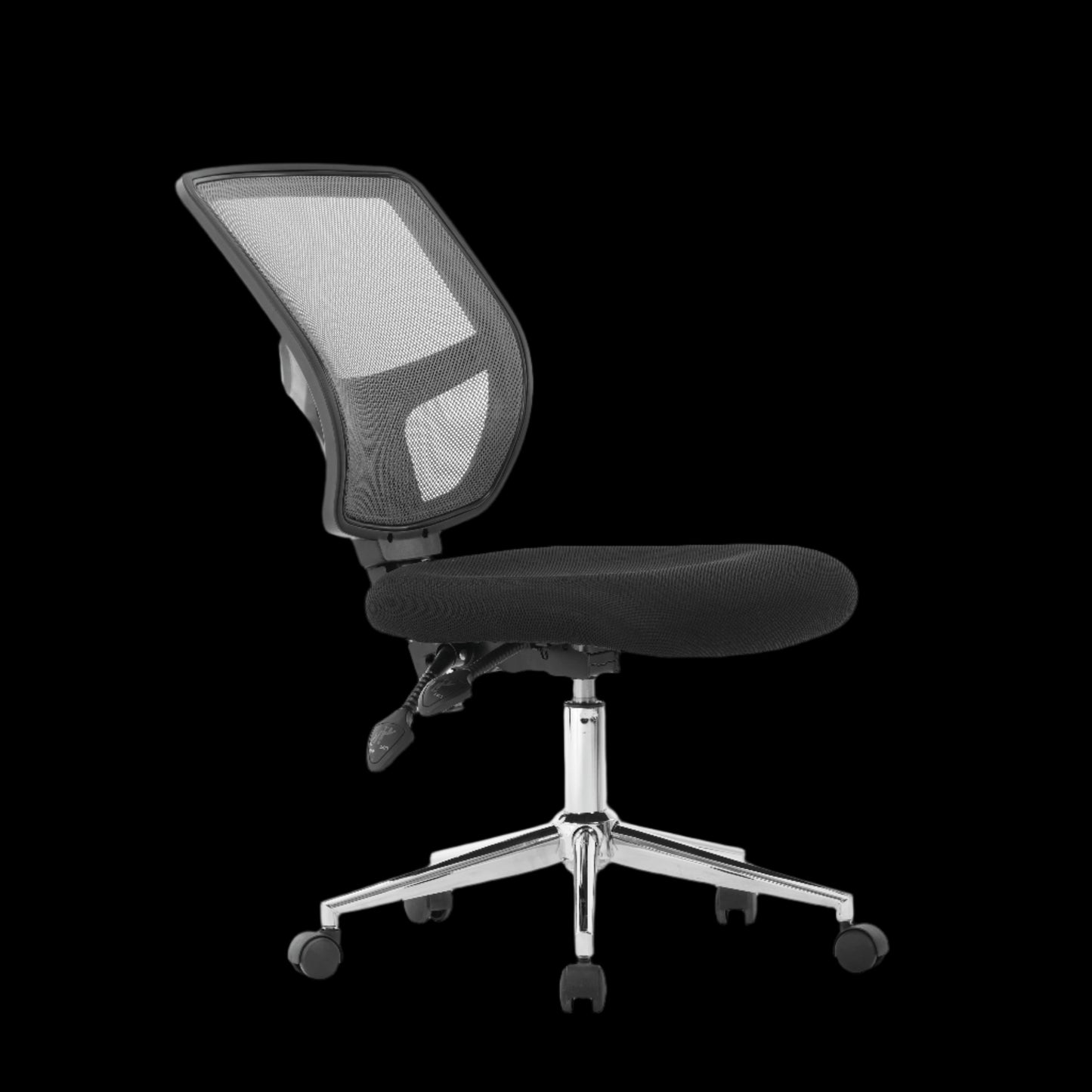 Black office chair with mesh backrest on a black background