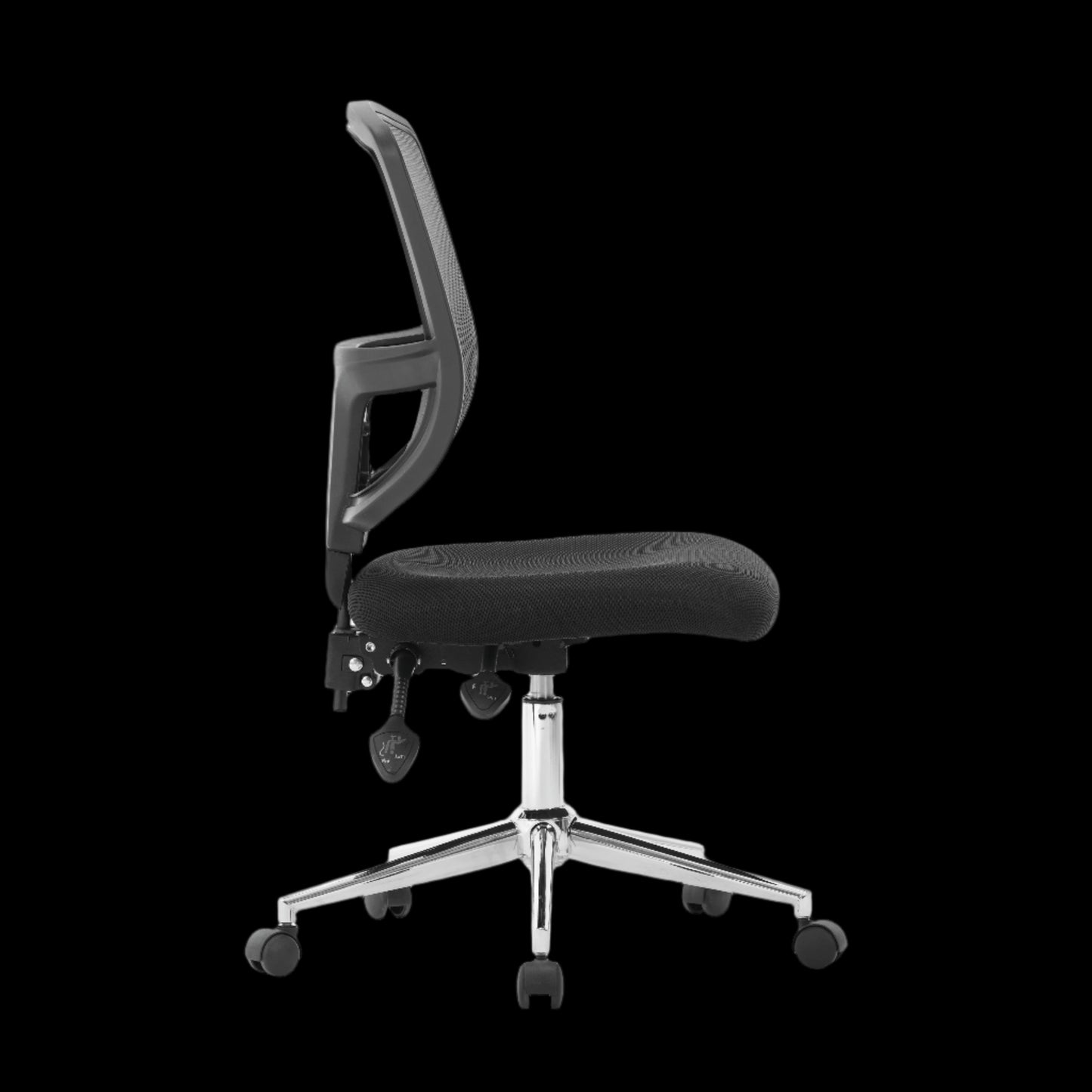 Black office chair with a mesh backrest on a black background