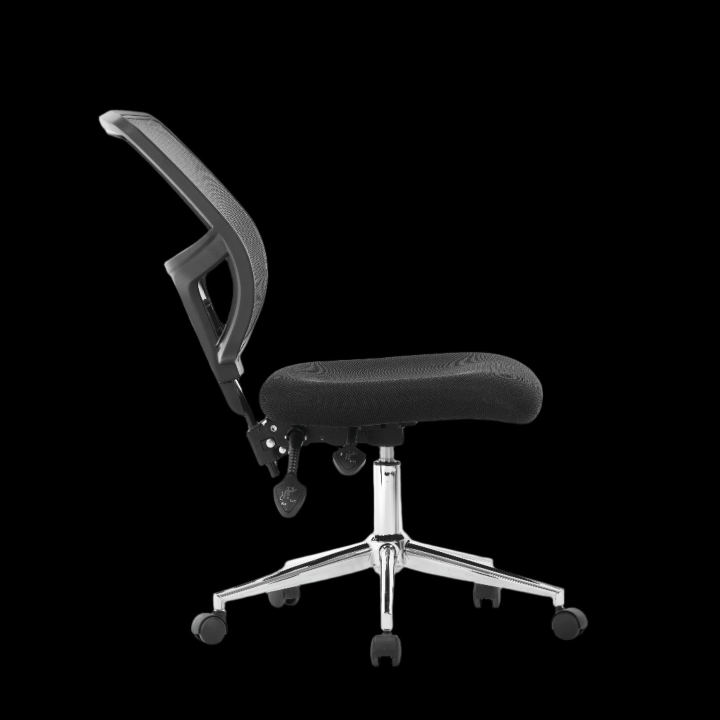 Black office chair with adjustable backrest on a black background