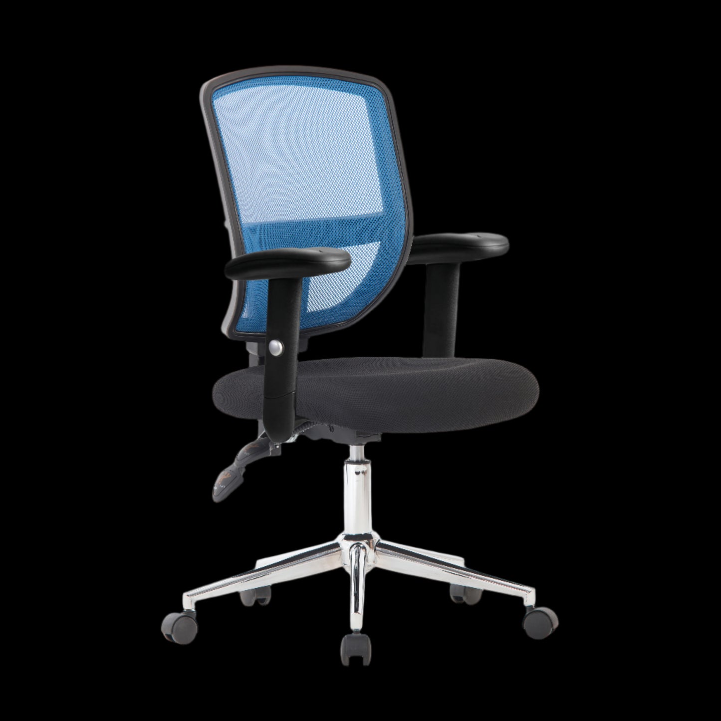 Black office chair with blue mesh back on a black background