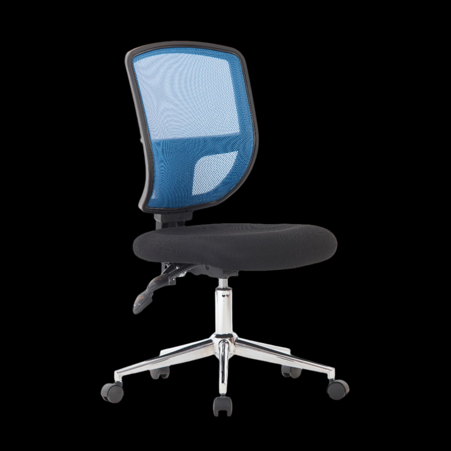 Blue office chair with black mesh backrest on a black background