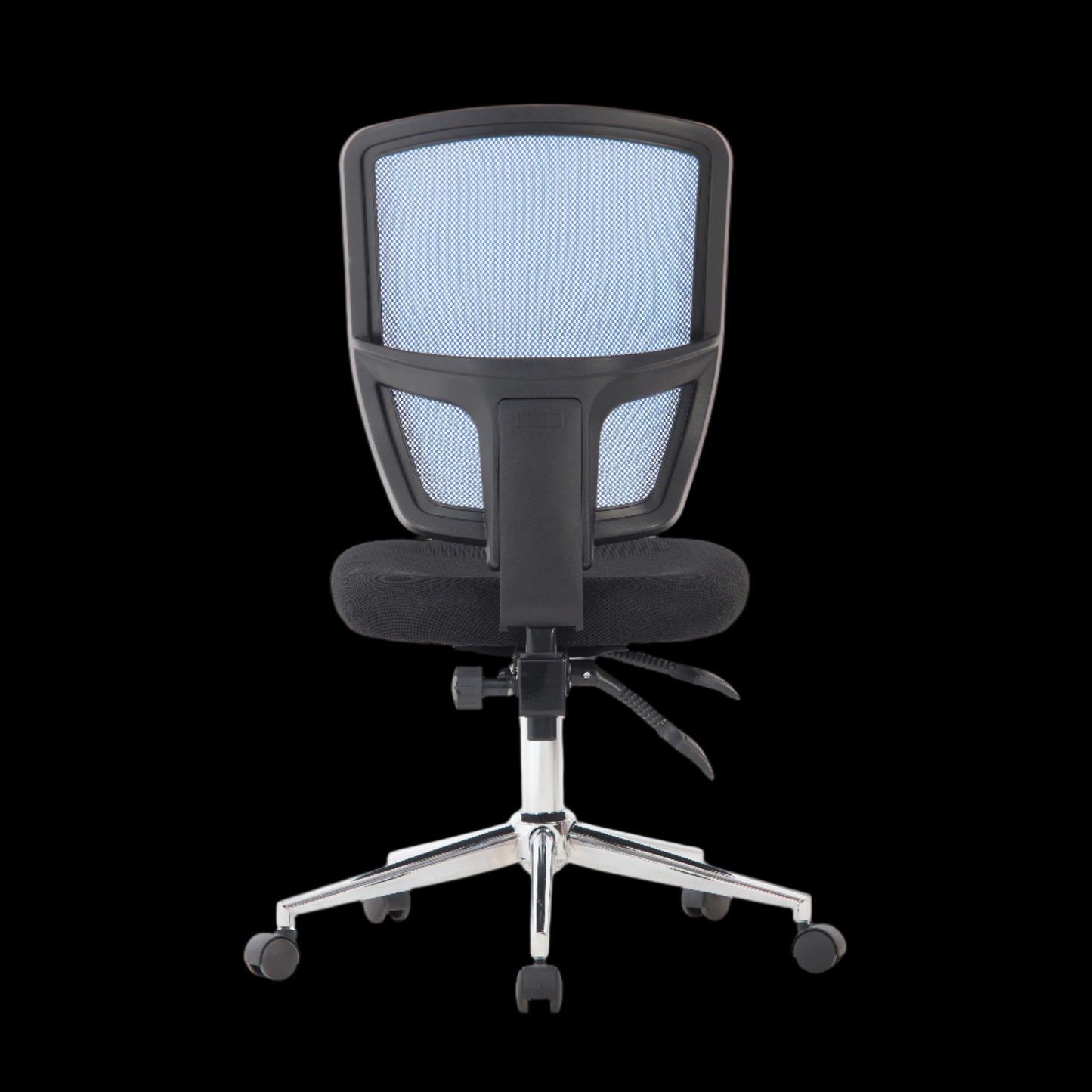 Black office chair with mesh backrest on a black background