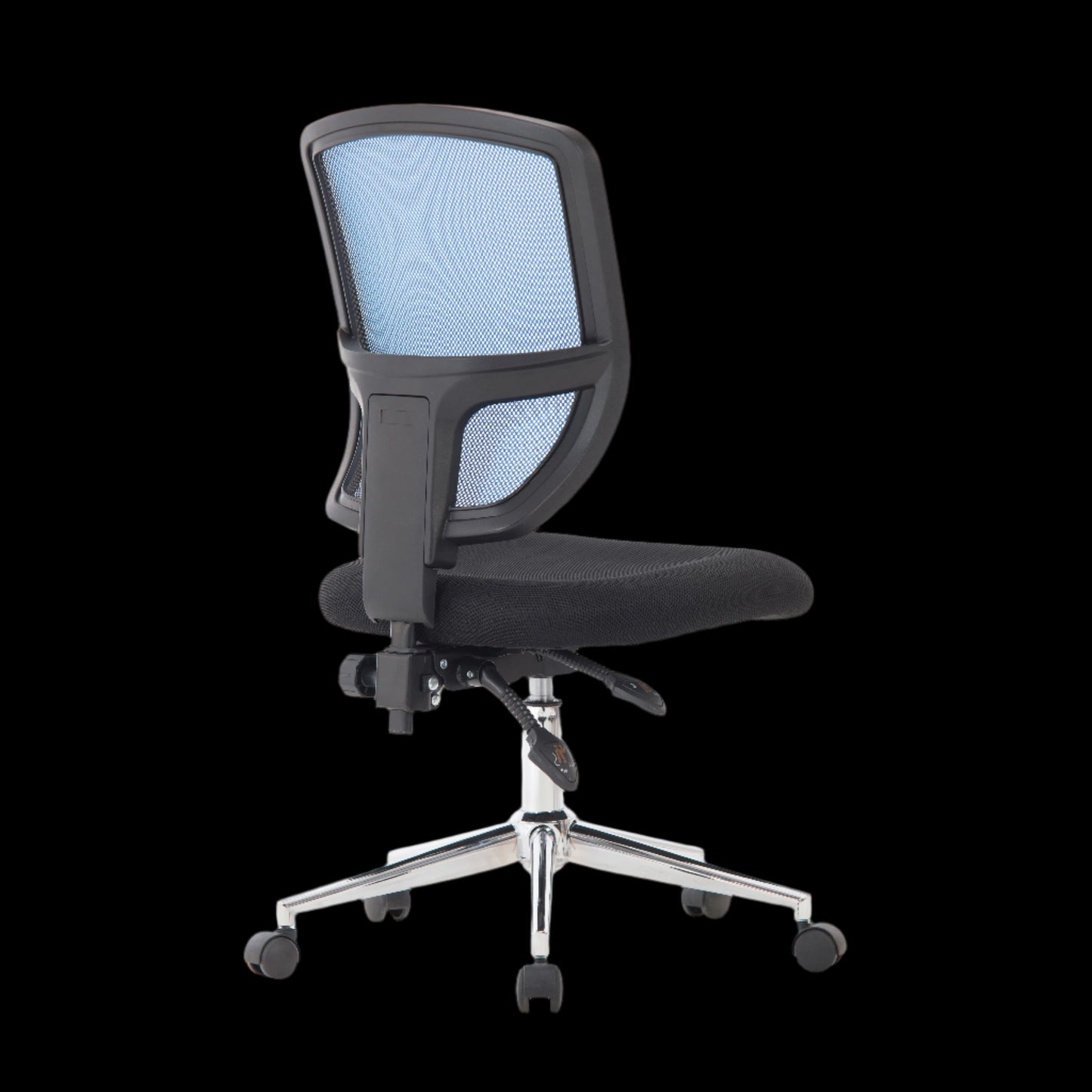 Black office chair with mesh backrest on a black background