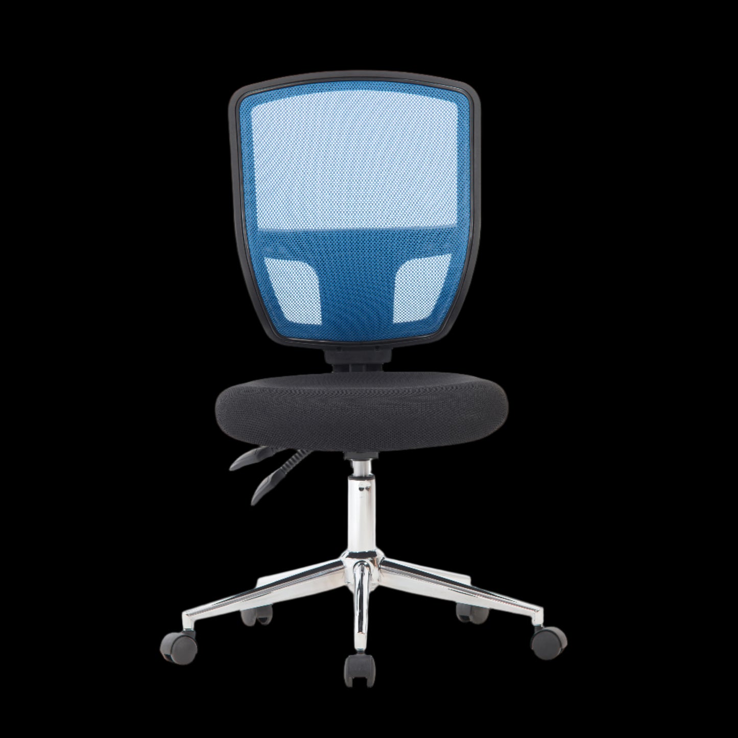 Blue office chair with mesh backrest on a black background