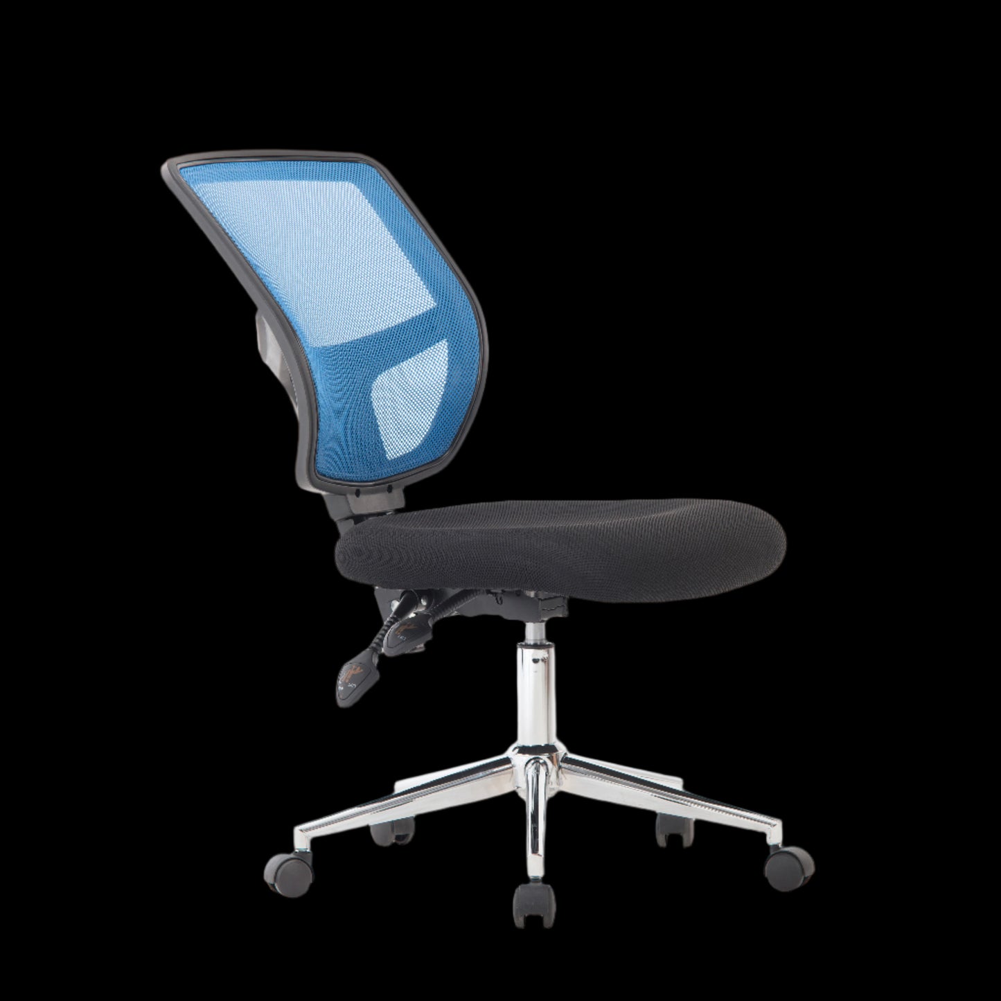 Blue office chair with black seat on a black background
