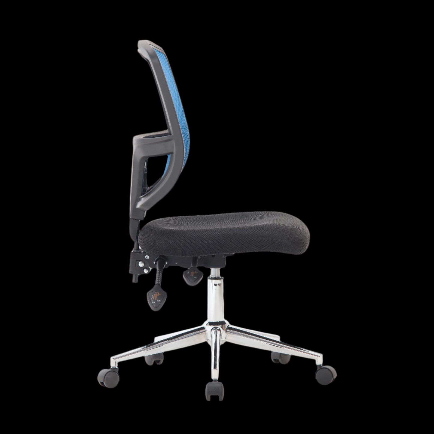 Black office chair with blue backrest on a black background