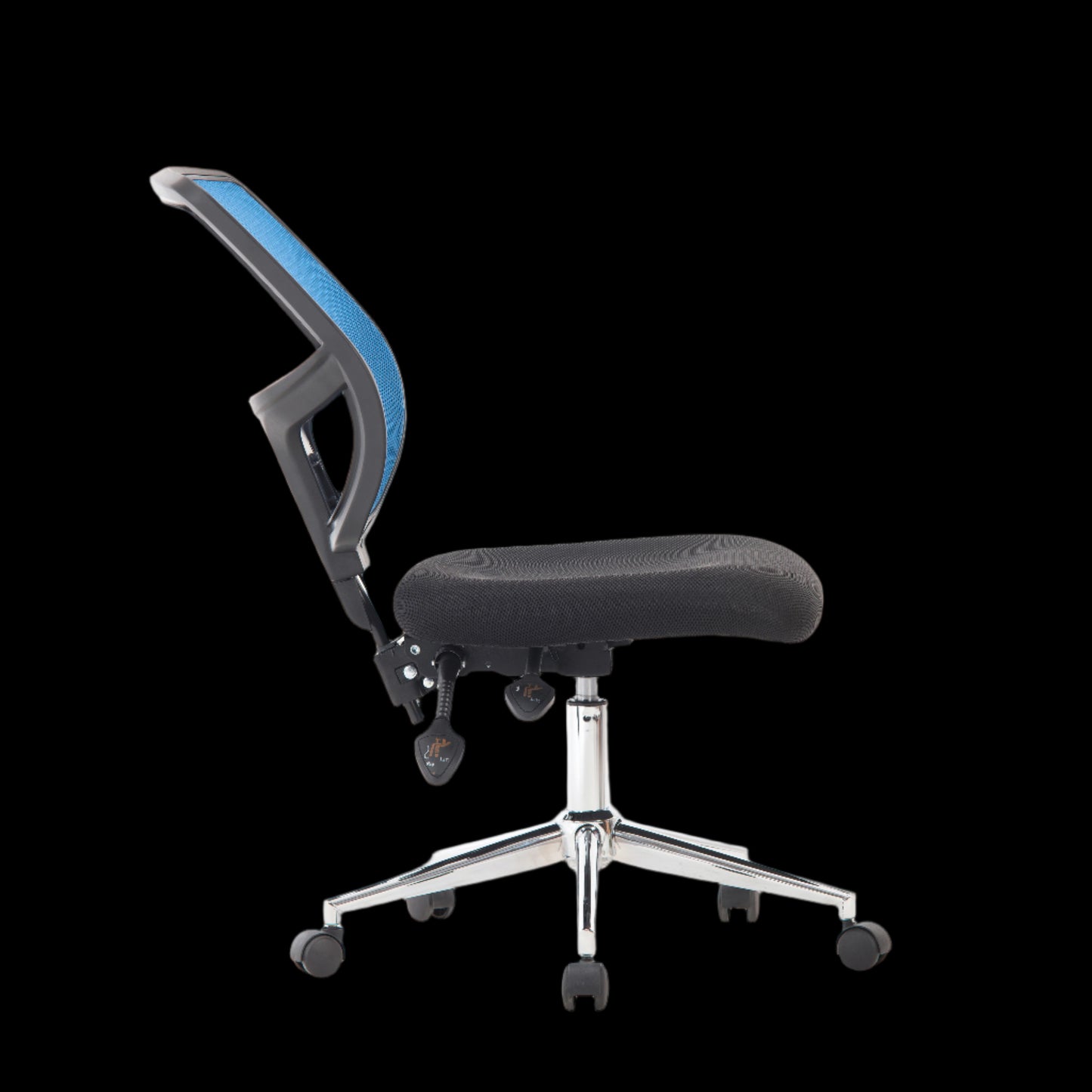 Black office chair with blue backrest on a black background