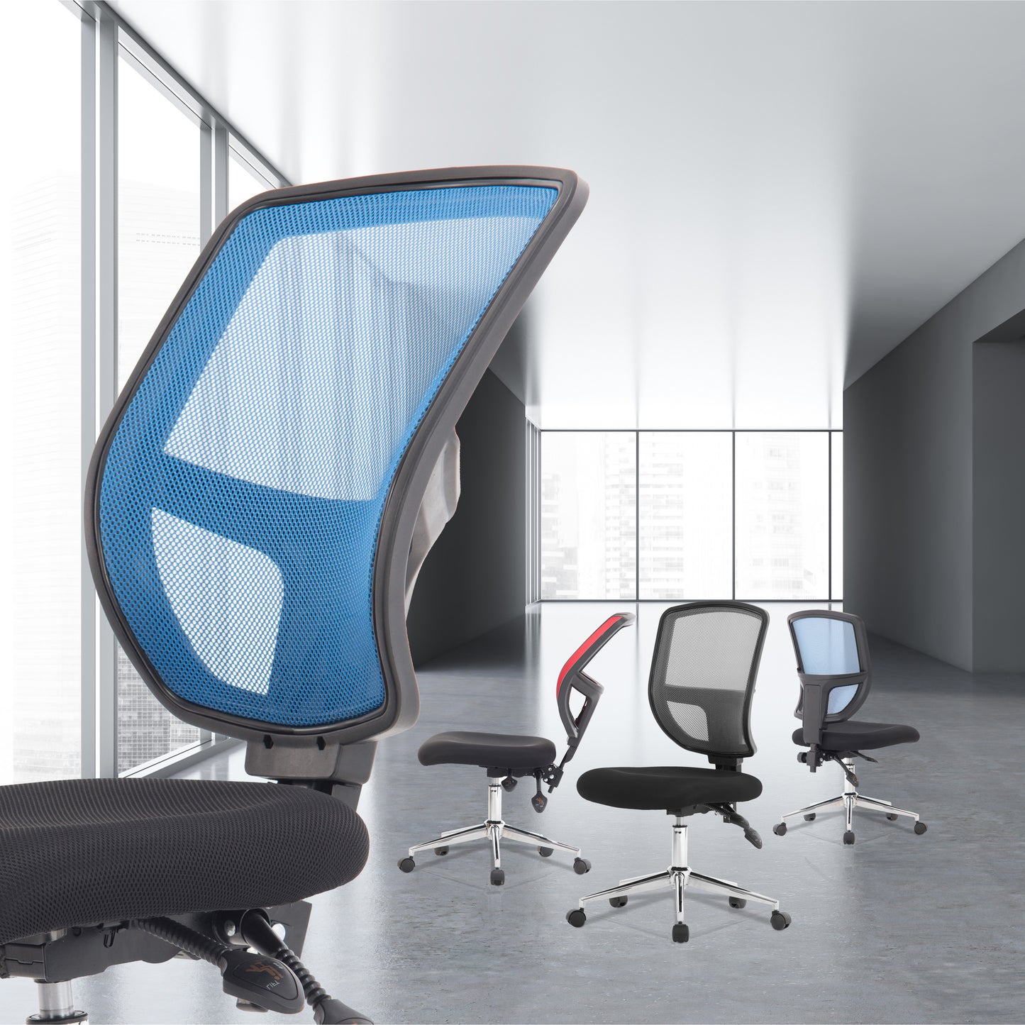 Modern office chairs with blue mesh backrests in a bright room.