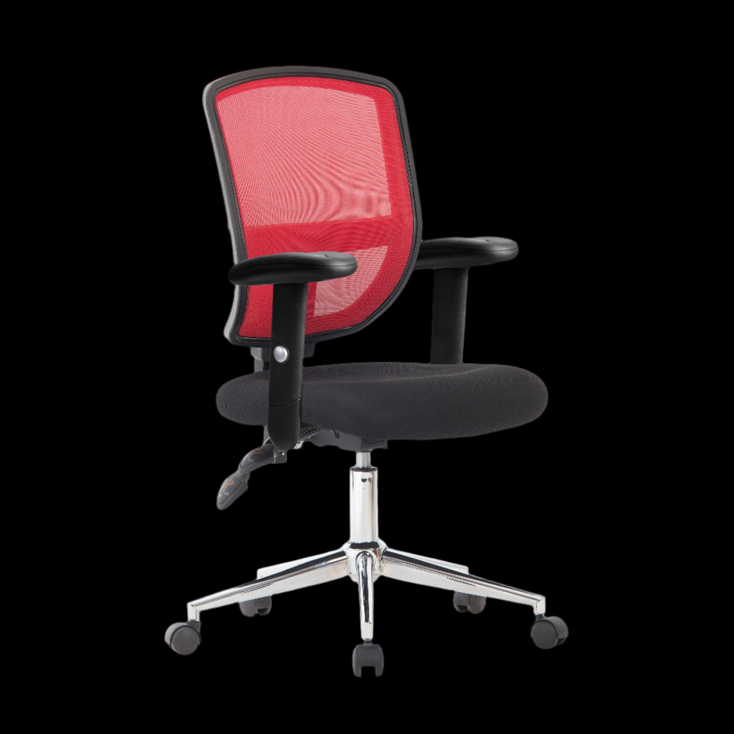 Black office chair with pink mesh backrest on a black background