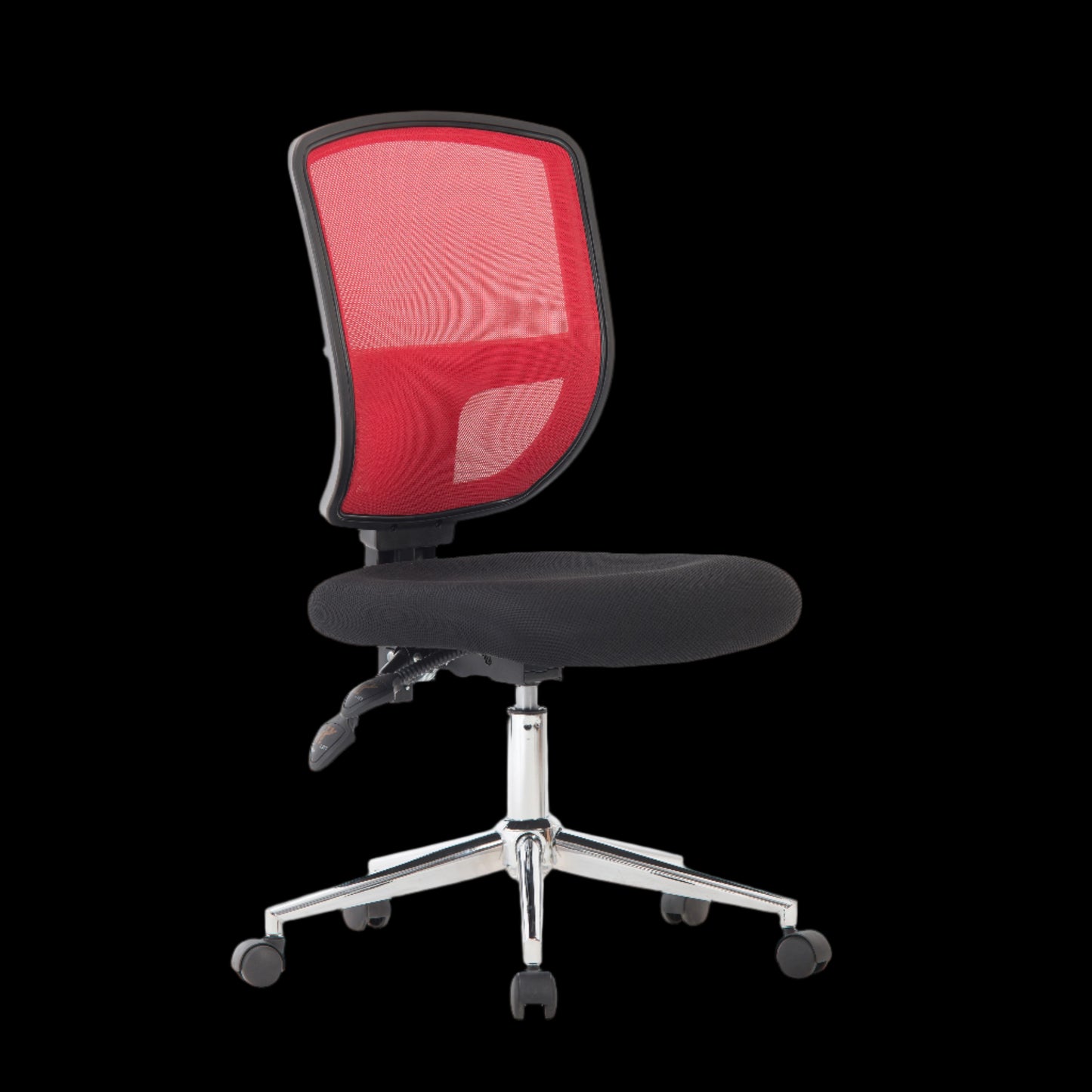 Black office chair with pink mesh backrest on a black background