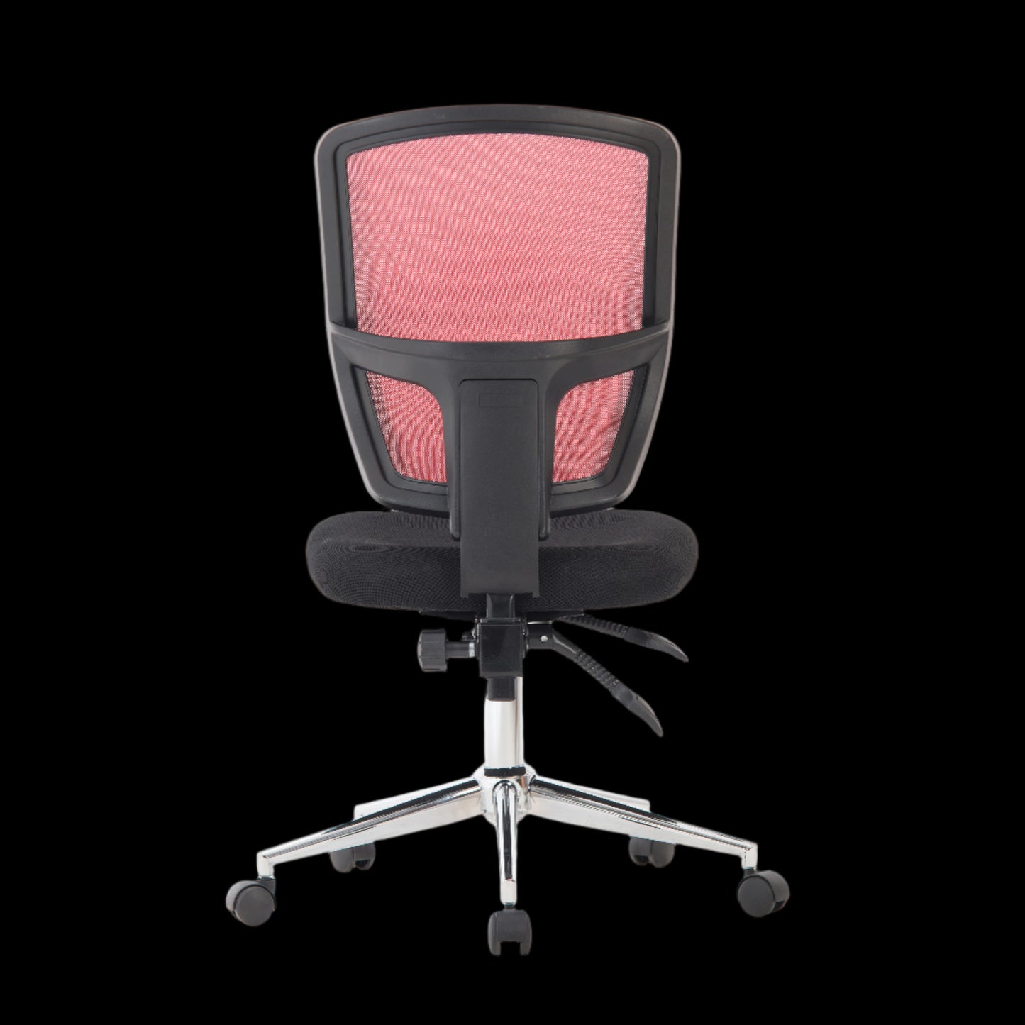 Office chair with pink mesh backrest and black seat on a black background