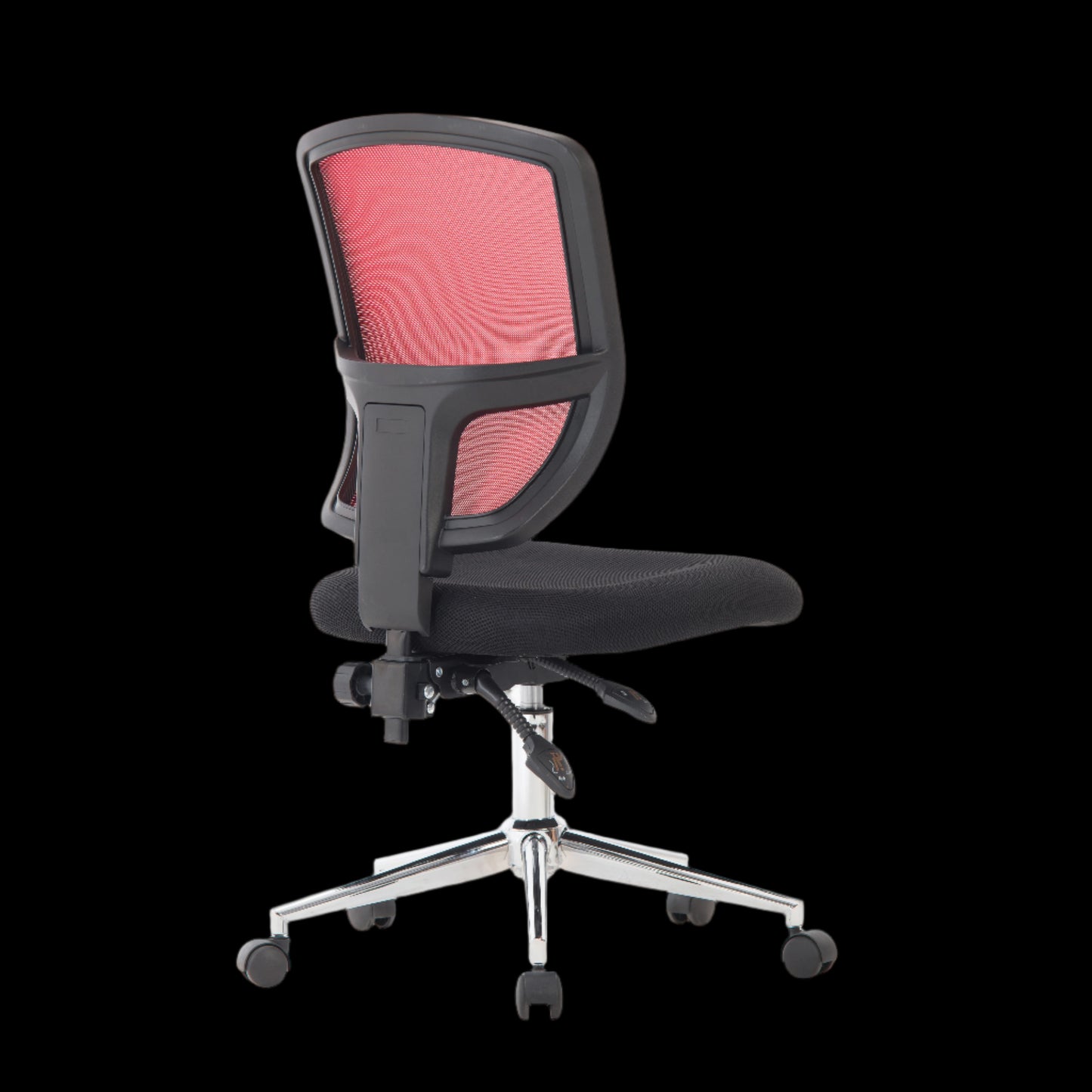 Black office chair with pink mesh backrest on a black background