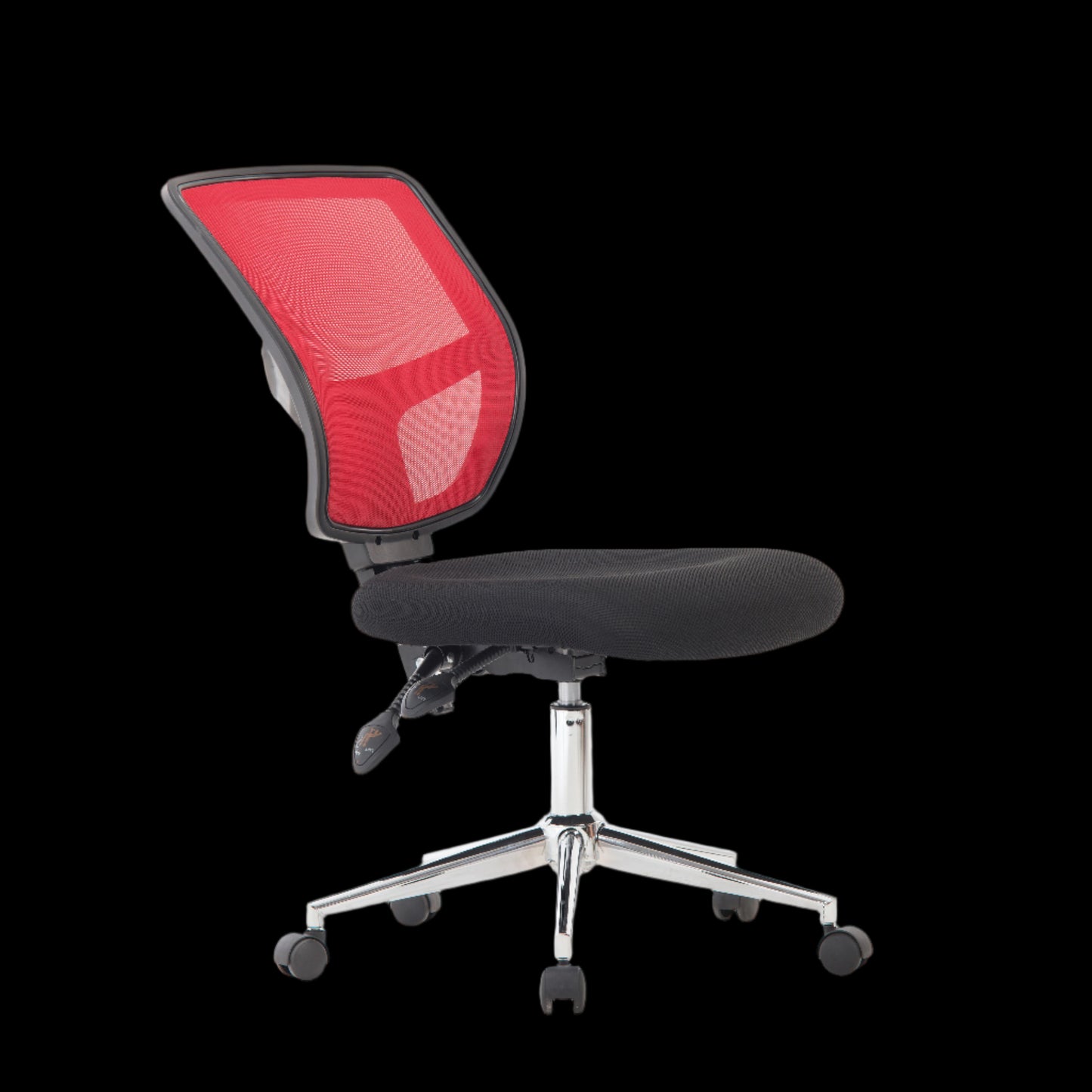 Black office chair with red mesh backrest on a black background