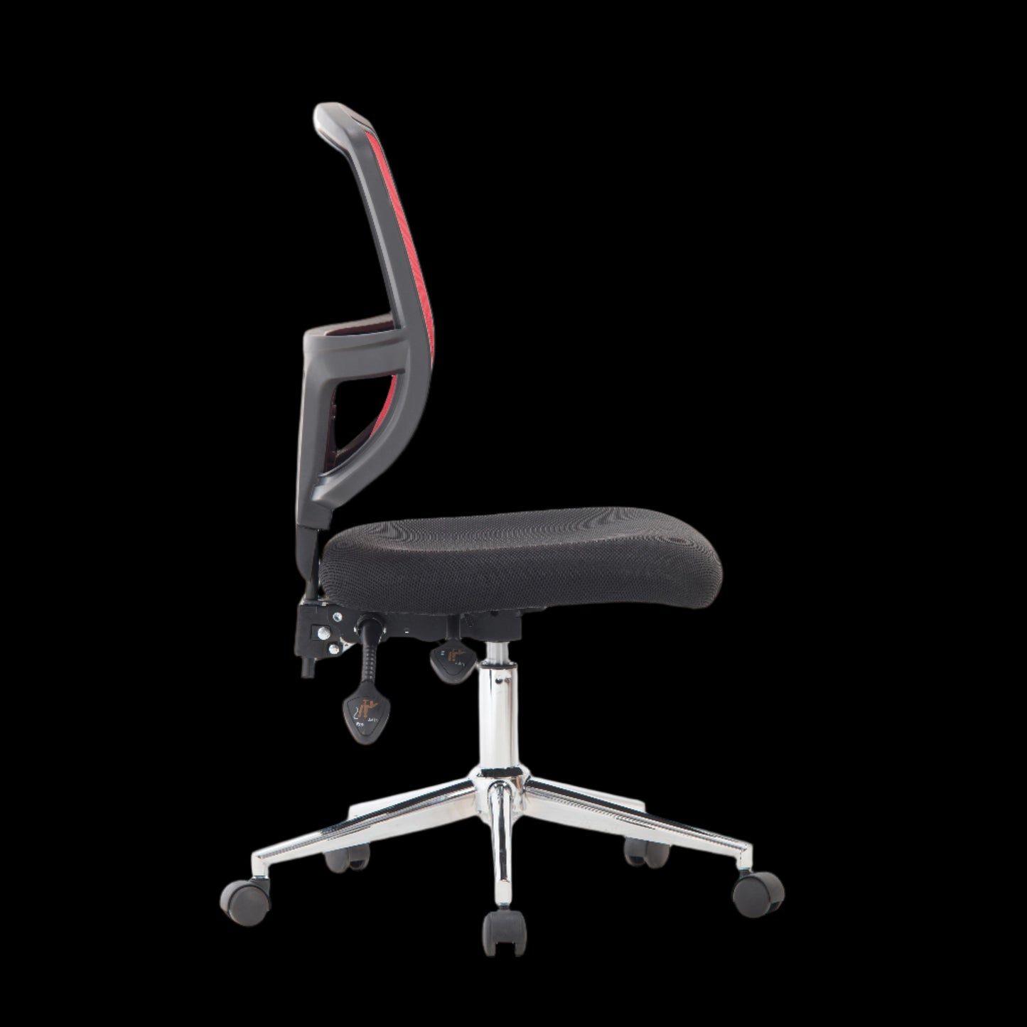 Black office chair with a mesh backrest on a black background