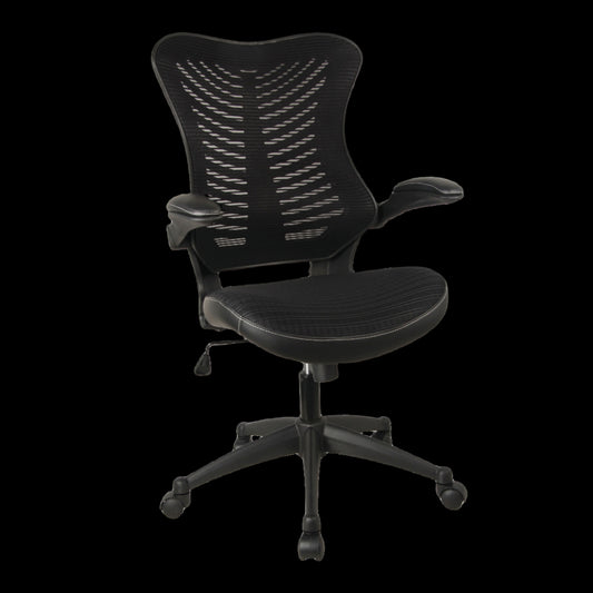 Black office chair with mesh back on a black background