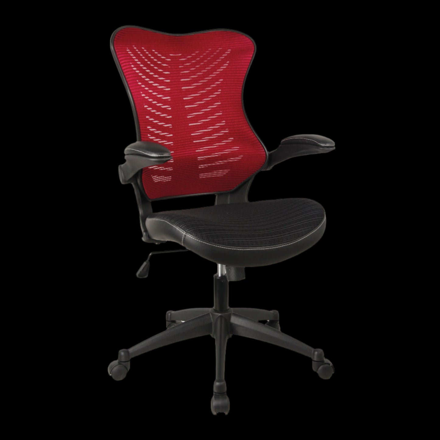 Black office chair with red mesh backrest on a black background