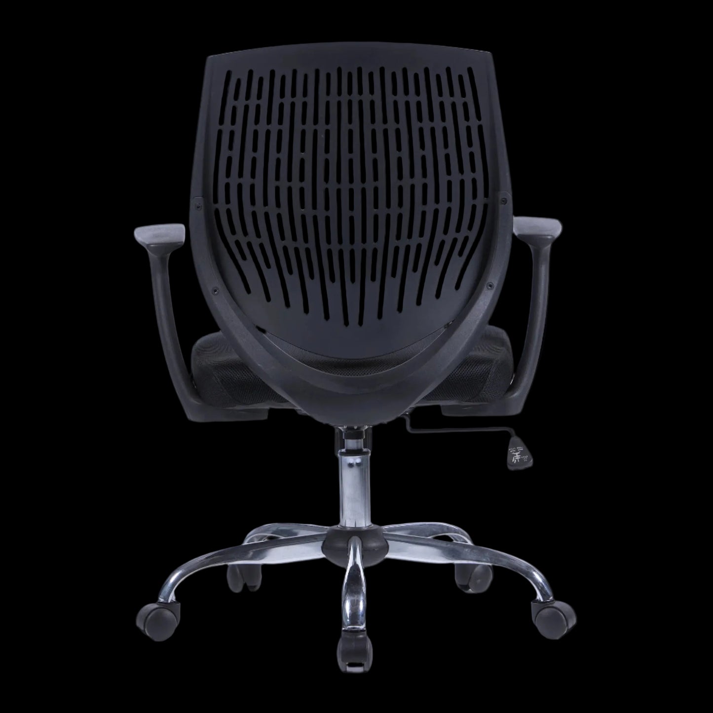 Black office chair with mesh back on a black background