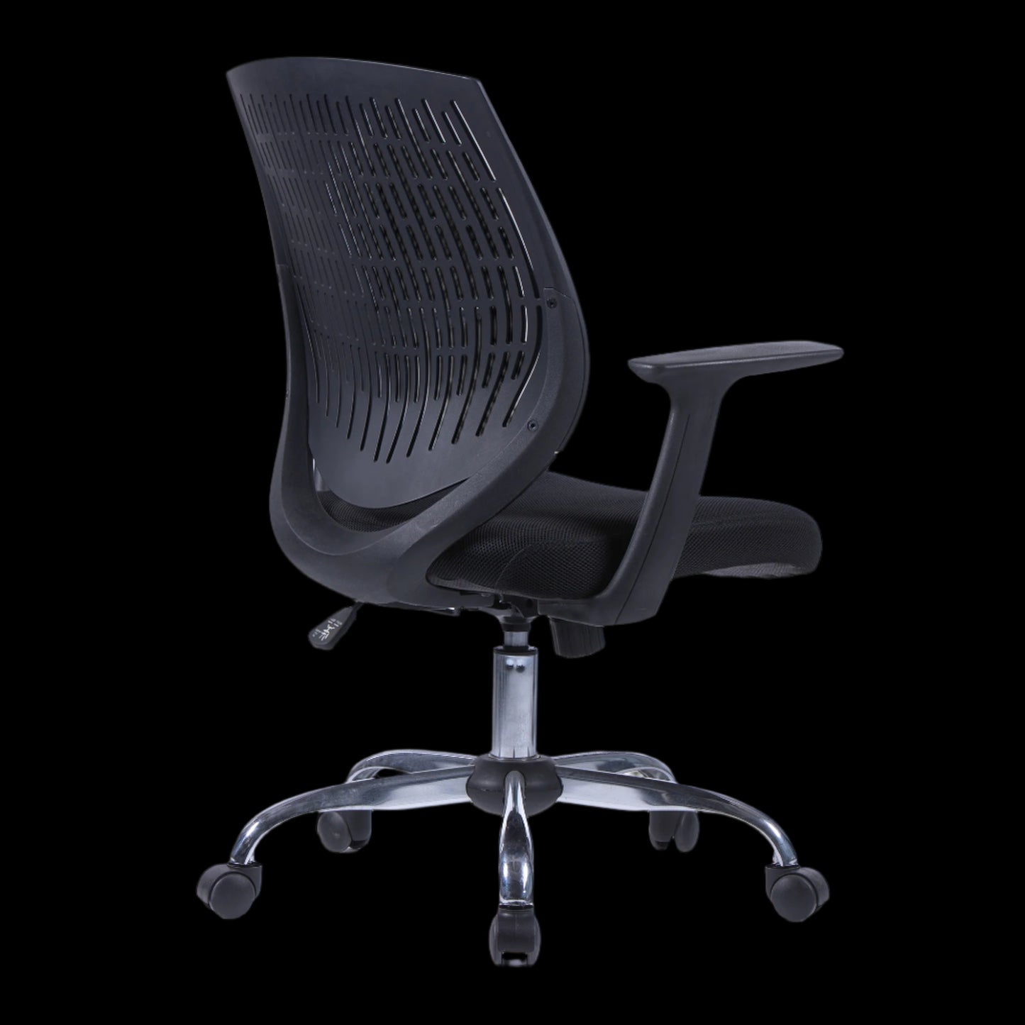 Black office chair with mesh back on a black background