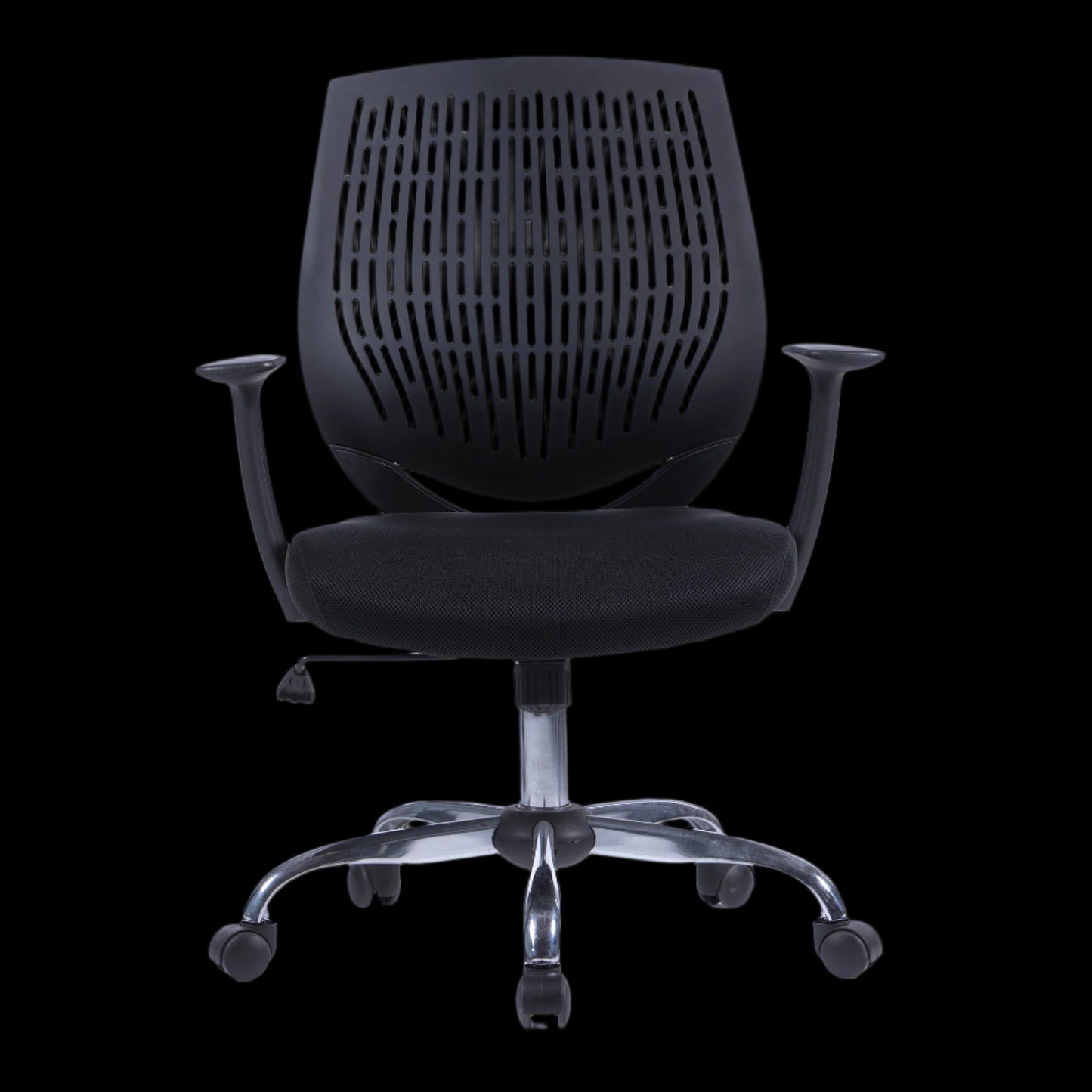Black office chair with a mesh back on a black background