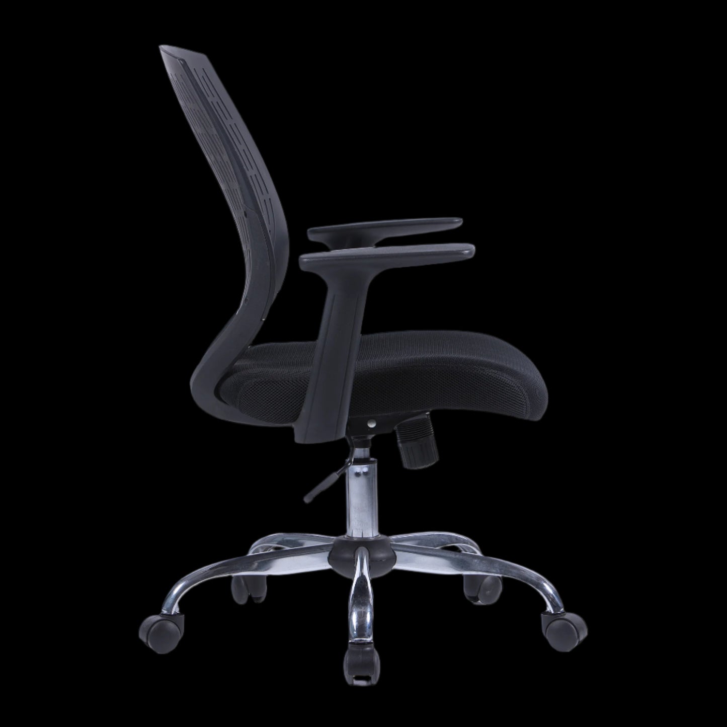 Black office chair with chrome base on a black background